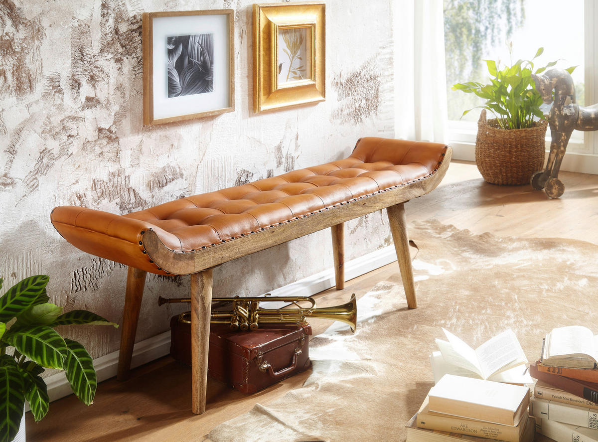 HOCKERBANK in Leder Braun  - Braun, Modern, Leder/Holz (125/50/38cm) - MID.YOU