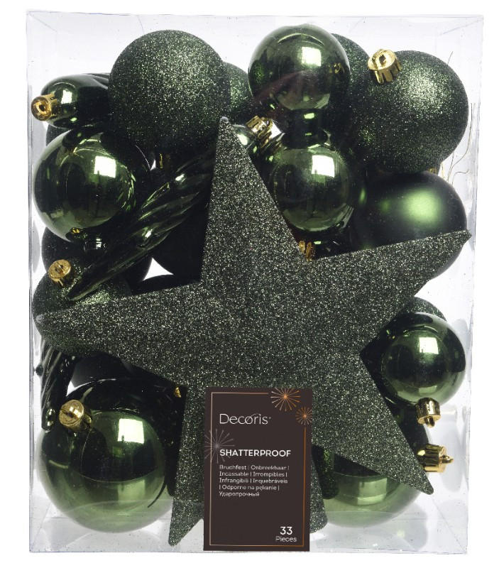 CHRISTBAUMKUGEL-SET 33-teilig  - Dunkelgrün, Basics, Kunststoff (8/8/8cm) - X-Mas