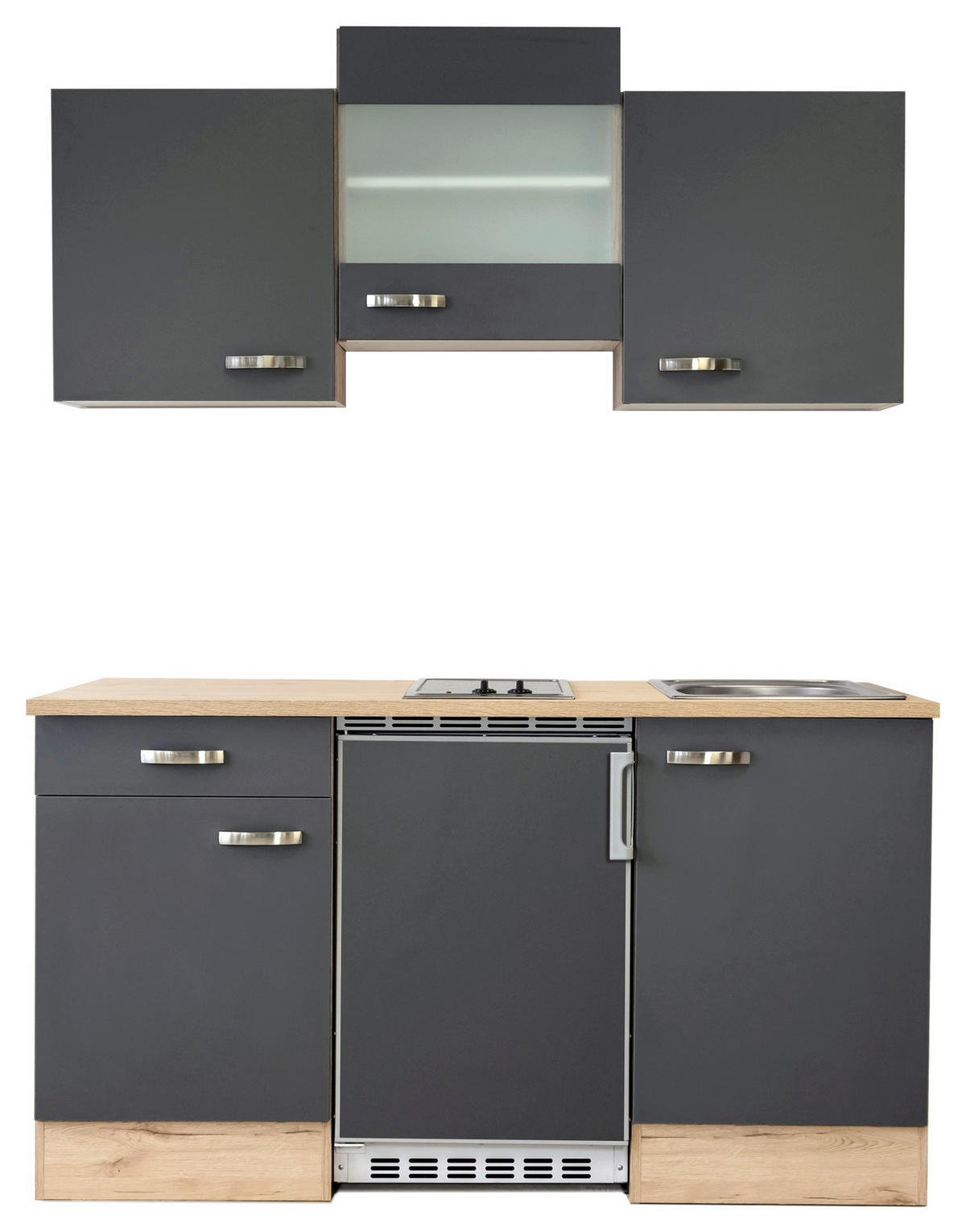 MINIKÜCHE   in Grau, Eiche San Remo  - Edelstahlfarben/Eiche San Remo, MODERN, Glas/Holzwerkstoff (150,5/209/60cm) - FlexWell