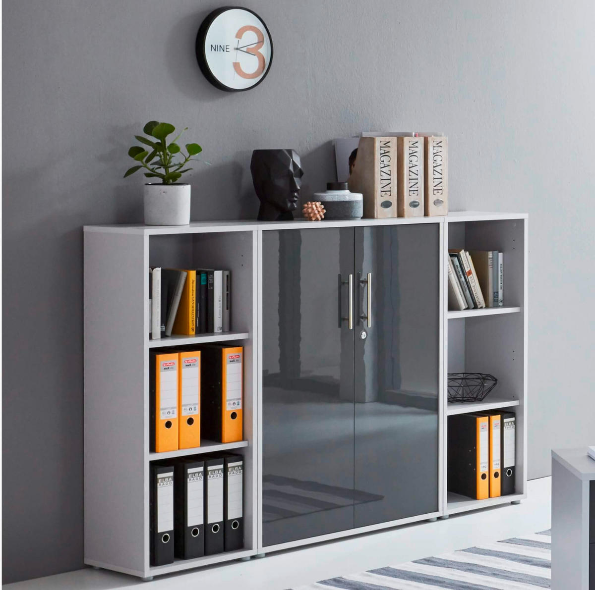 BÜRO erweiterbar, in verschiedenen Holz-Dekoren erhältlich, Schreibtisch seitenverkehrt montierbar, abschließbar Grau, Anthrazit Hochglanz - Anthrazit Hochglanz/Grau, MODERN, Holzwerkstoff - MID.YOU