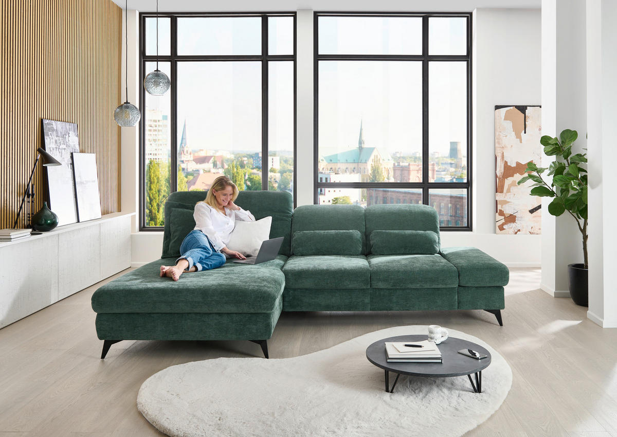 ECKSOFA Dunkelgrün Chenille  - Dunkelgrün/Schwarz, Design, Textil/Metall (198/288cm) - Beldomo Style