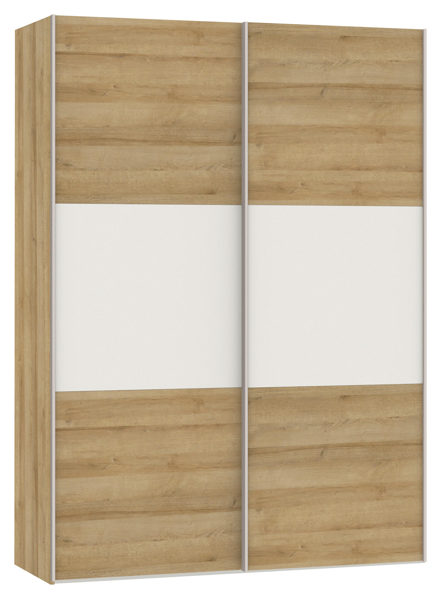 SCHWEBETÜRENSCHRANK  in Weiß, Eichefarben  - Edelstahlfarben/Eichefarben, Design, Glas/Holzwerkstoff (152/215/65cm) - Carryhome