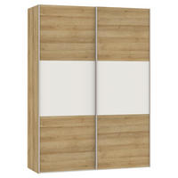 SCHWEBETÜRENSCHRANK  in Weiß, Eichefarben  - Edelstahlfarben/Eichefarben, Design, Glas/Holzwerkstoff (152/215/65cm) - Carryhome