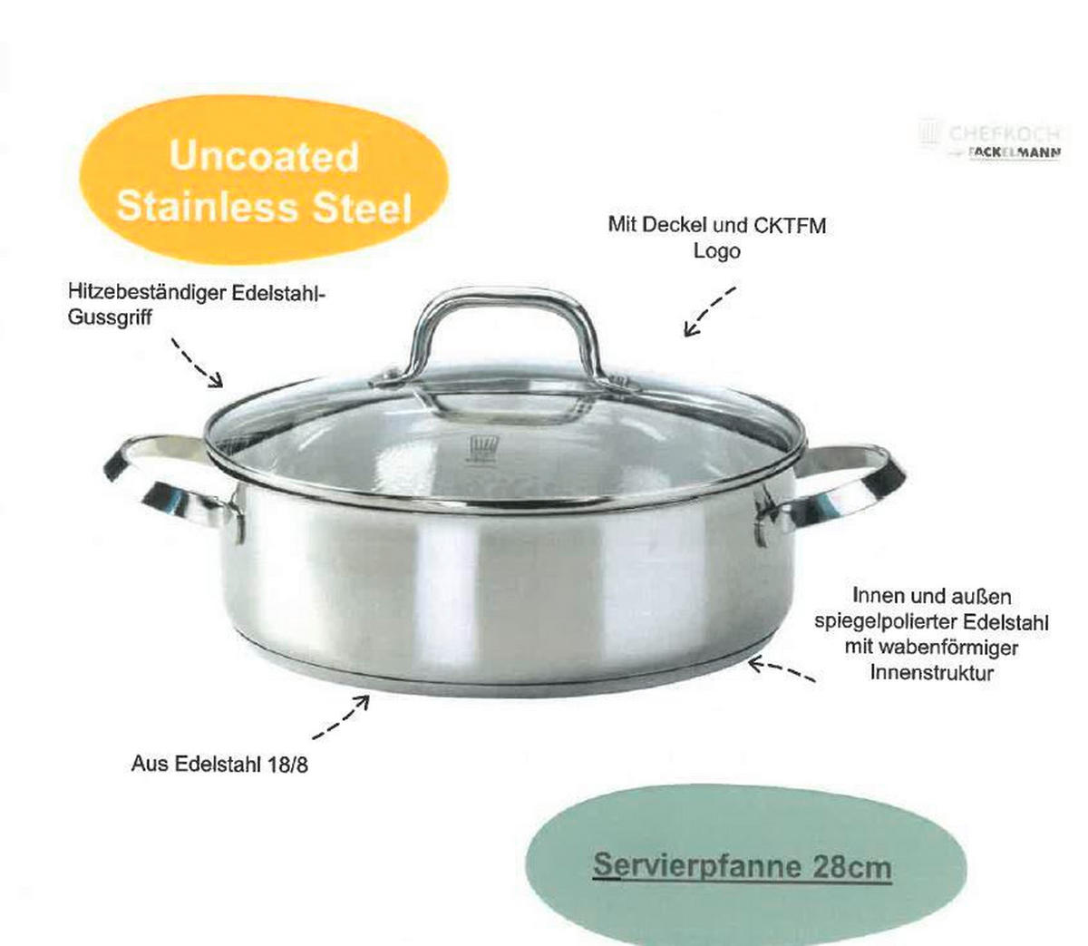 SERVIERPFANNE Rosenheim 28 cm  - Klar/Edelstahlfarben, Basics, Glas/Metall (28cm) - Chefkoch+Fackelmann