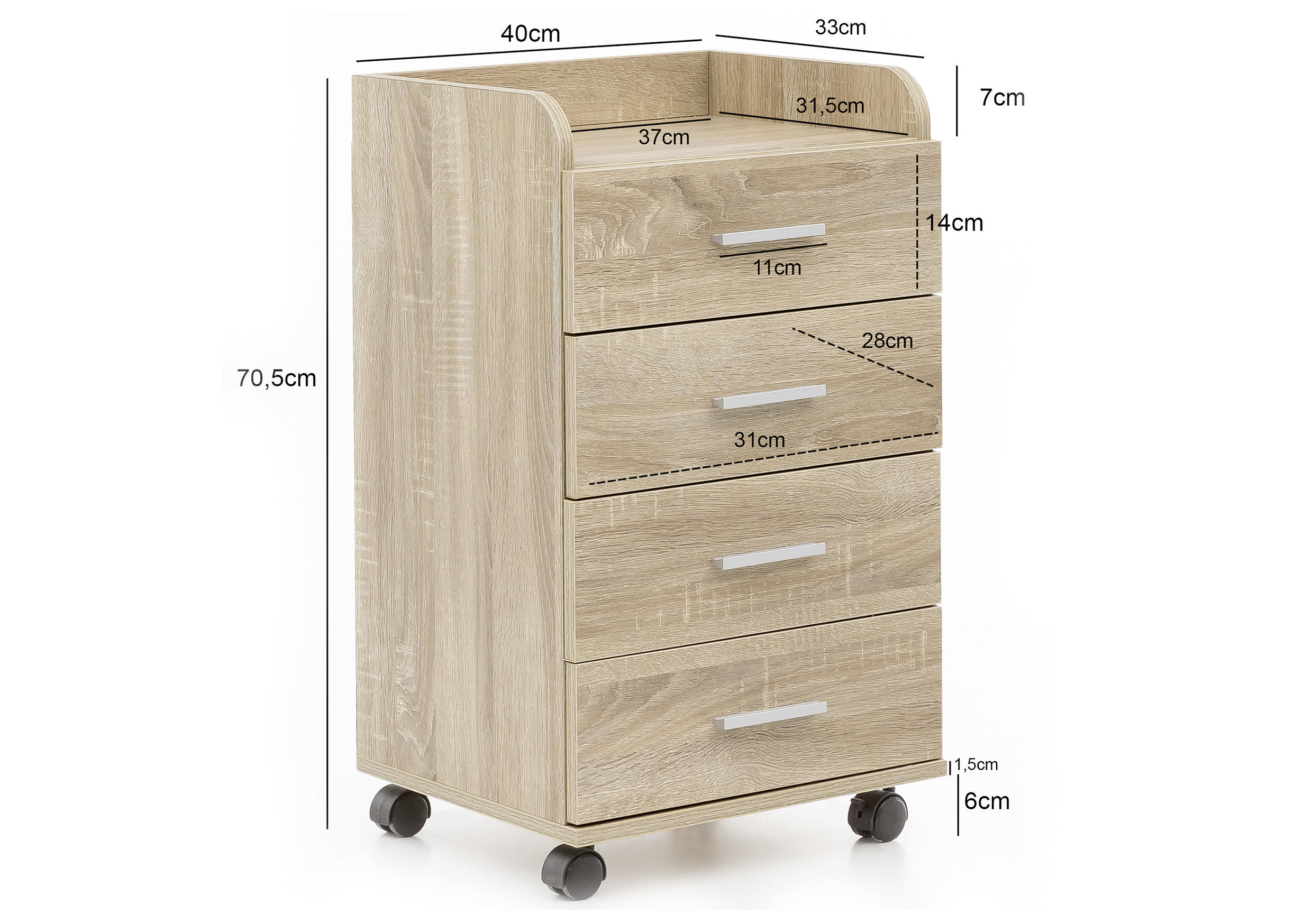 POJÍZDNÝ KONTEJNER, 40/70,5/33 cm - barvy stříbra/barvy dubu, Konvenční, kov/kompozitní dřevo (40/70,5/33cm) - MID.YOU