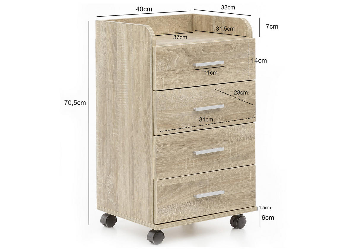 ROLLCONTAINER 40/70,5/33 cm  - Eichefarben/Silberfarben, Konventionell, Holzwerkstoff/Kunststoff (40/70,5/33cm) - MID.YOU
