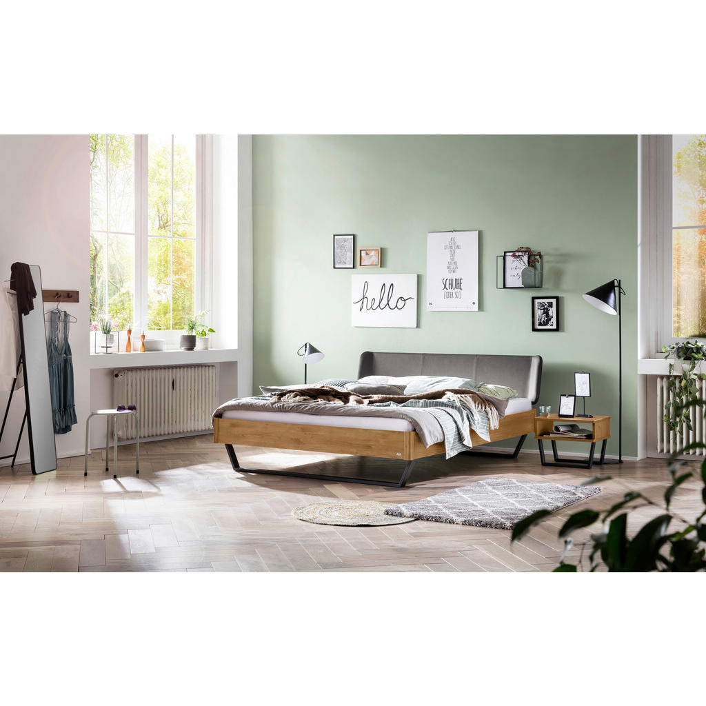 Thumbnail - Hasena Bett, Anthrazit, Dunkelgrau, Wildeiche, Holz, Wildeiche, massiv, Höhe ca. 22 cm, 140x200 cm, gepolstertes Kopftei...