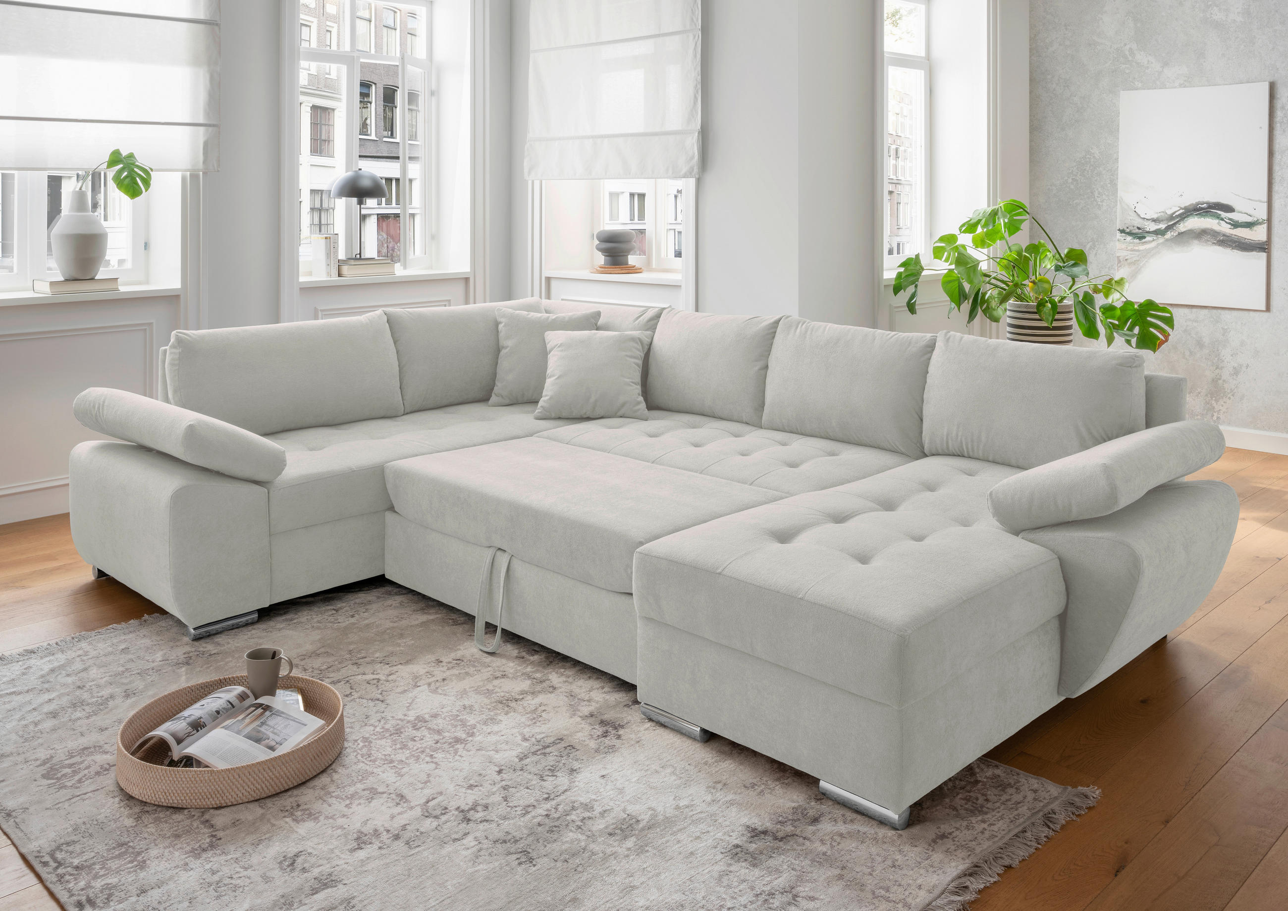 Wohnlandschaft Beige Mikrofaser  - Chromfarben/Beige, KONVENTIONELL, Textil/Metall (219/305/157cm) - Livetastic