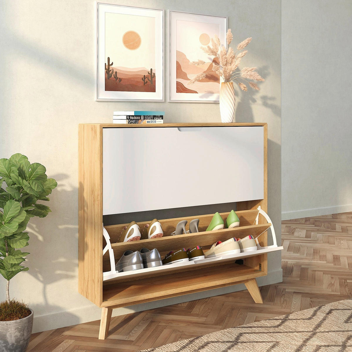 SCHUHSCHRANK Weiß, Eiche Wotan  - Eiche Wotan/Weiß, Design, Holzwerkstoff (89/90/24cm) - Livetastic