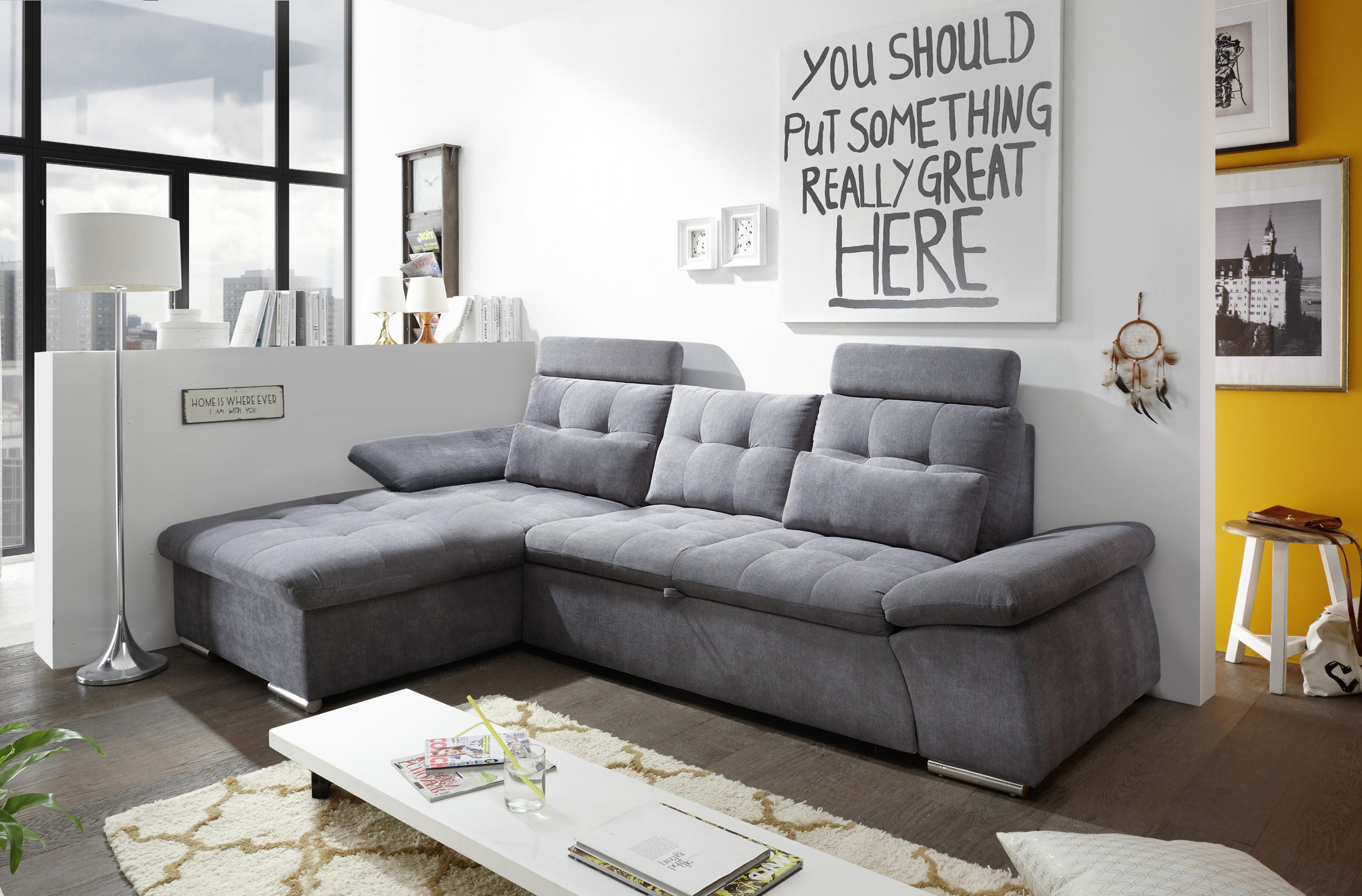 ECKSOFA Dunkelgrau Mikrovelours  - Dunkelgrau/Silberfarben, KONVENTIONELL, Kunststoff/Textil (170/268cm) - MID.YOU