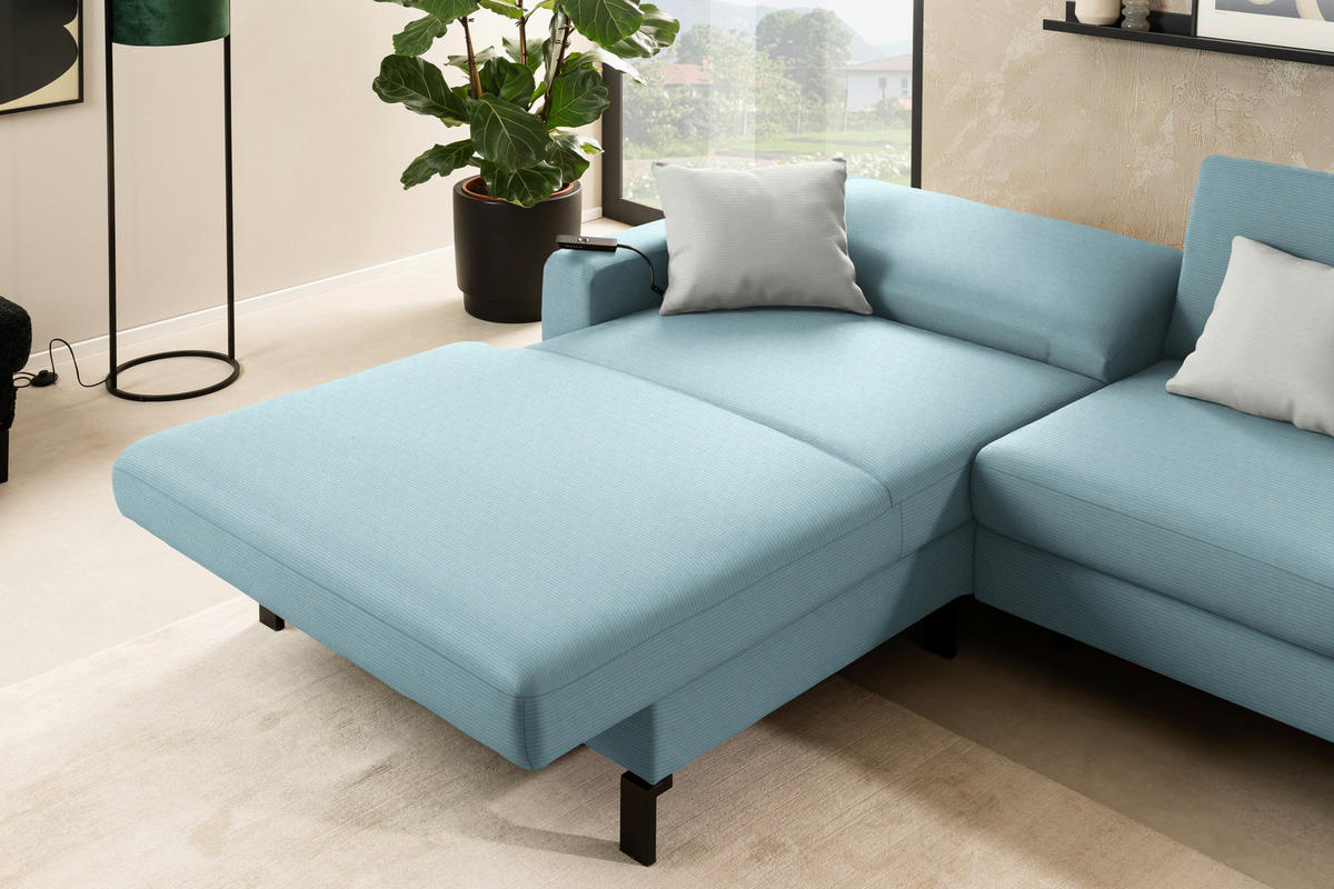 ECKSOFA  in Cord Hellblau Rücken echt, Sitztiefenverstellung  185/298 cm  - Schwarz/Hellblau, Design, Textil/Metall (185/298cm) - Pure Home Lifestyle