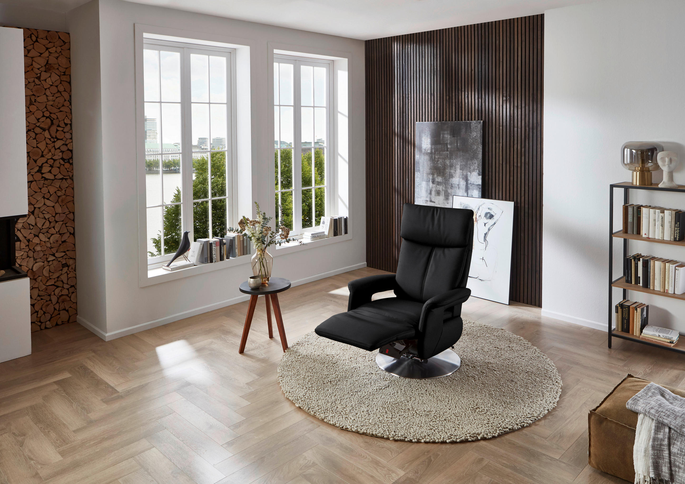 RELAXSESSEL in Leder Schwarz  - Edelstahlfarben/Schwarz, Design, Leder/Metall (78/112/85cm) - Cantus