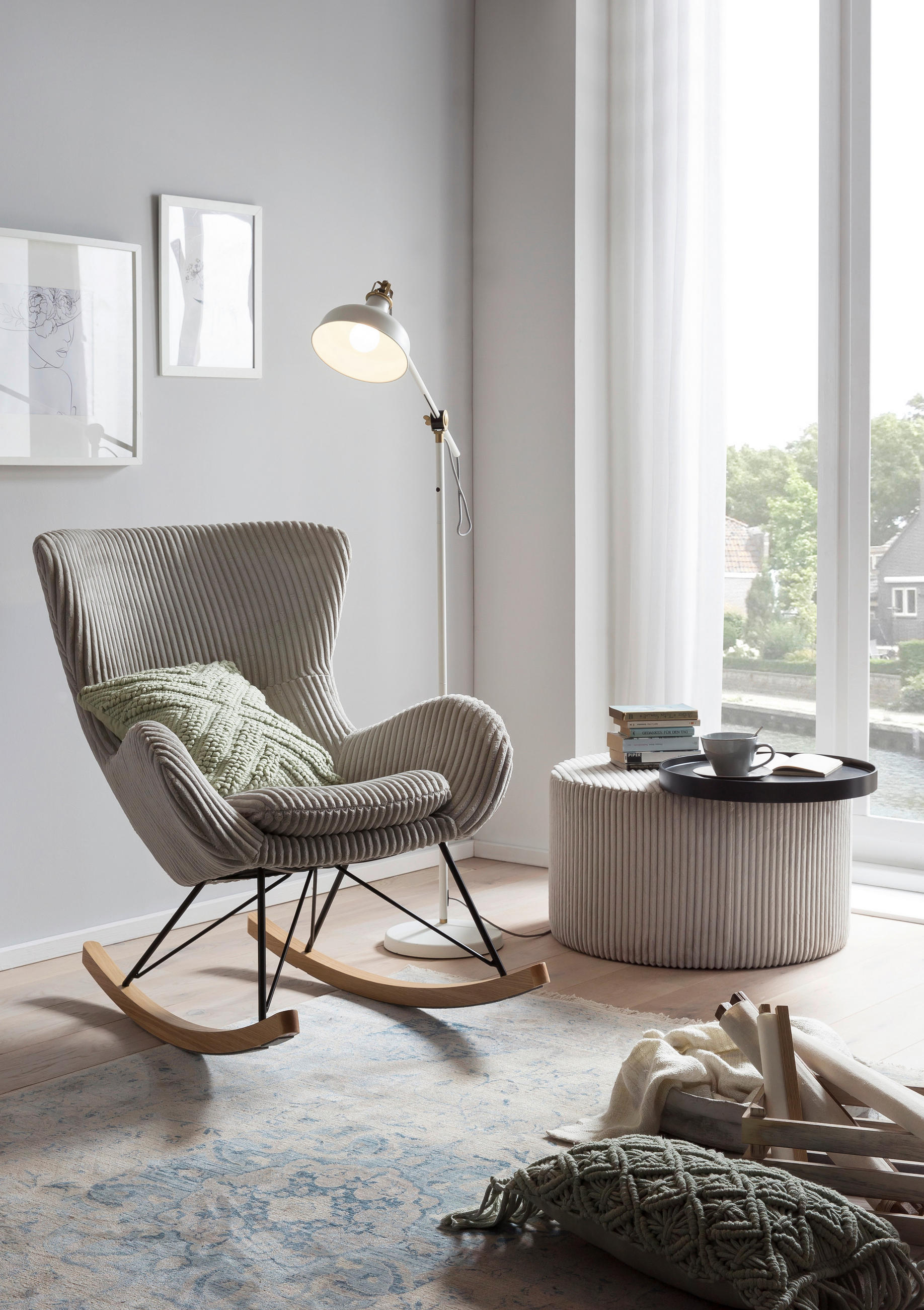 SCHAUKELSTUHL in Cord Grau  - Eichefarben/Schwarz, MODERN, Holz/Textil (76/103/100cm) - Livetastic