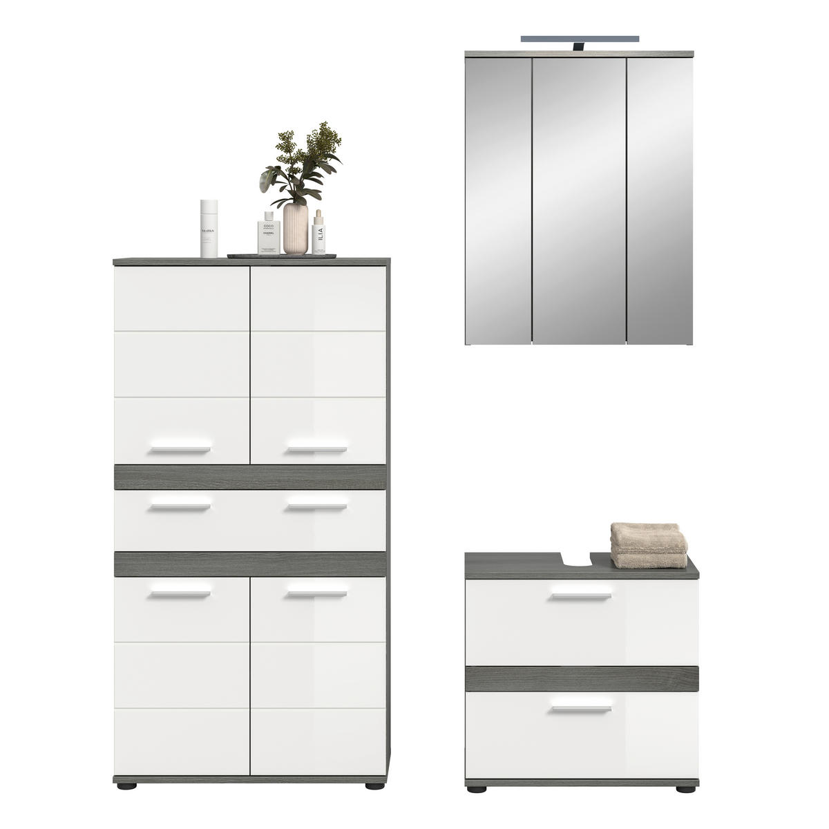 BADEZIMMER 4-teilig  in 145 cm  - Weiß Hochglanz/Silberfarben, Trend, Glas/Holzwerkstoff (145cm) - MID.YOU