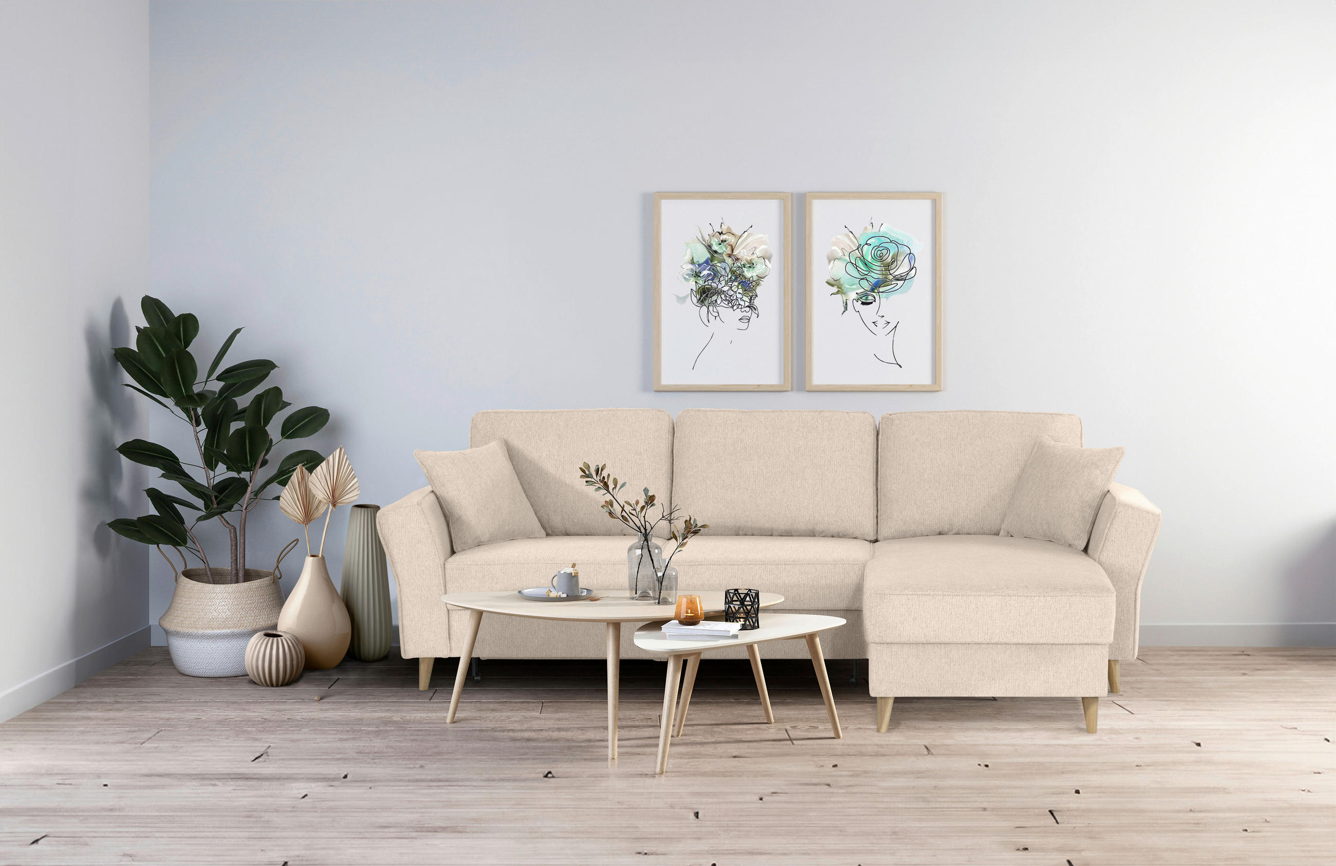 ECKSOFA Creme Flachgewebe  - Eichefarben/Creme, KONVENTIONELL, Holz/Textil (265/159cm) - Carryhome