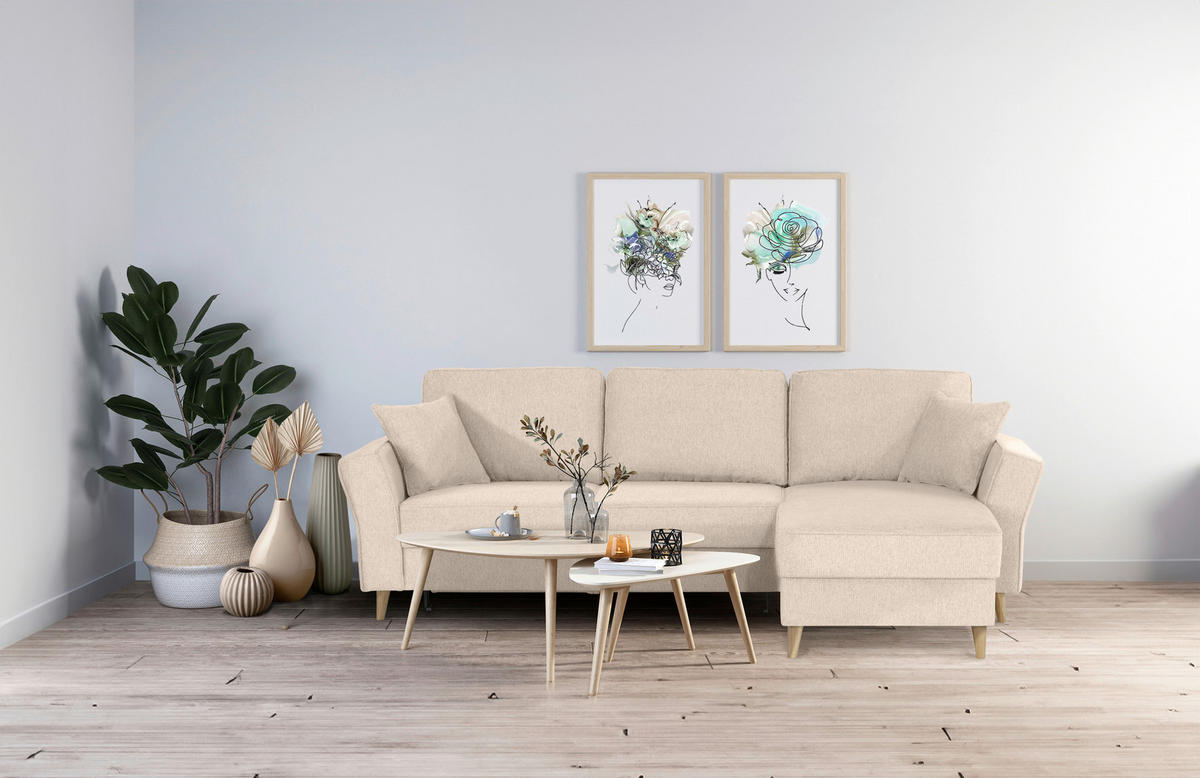 ECKSOFA in Flachgewebe Creme  - Eichefarben/Creme, Konventionell, Holz/Textil (265/159cm) - Carryhome