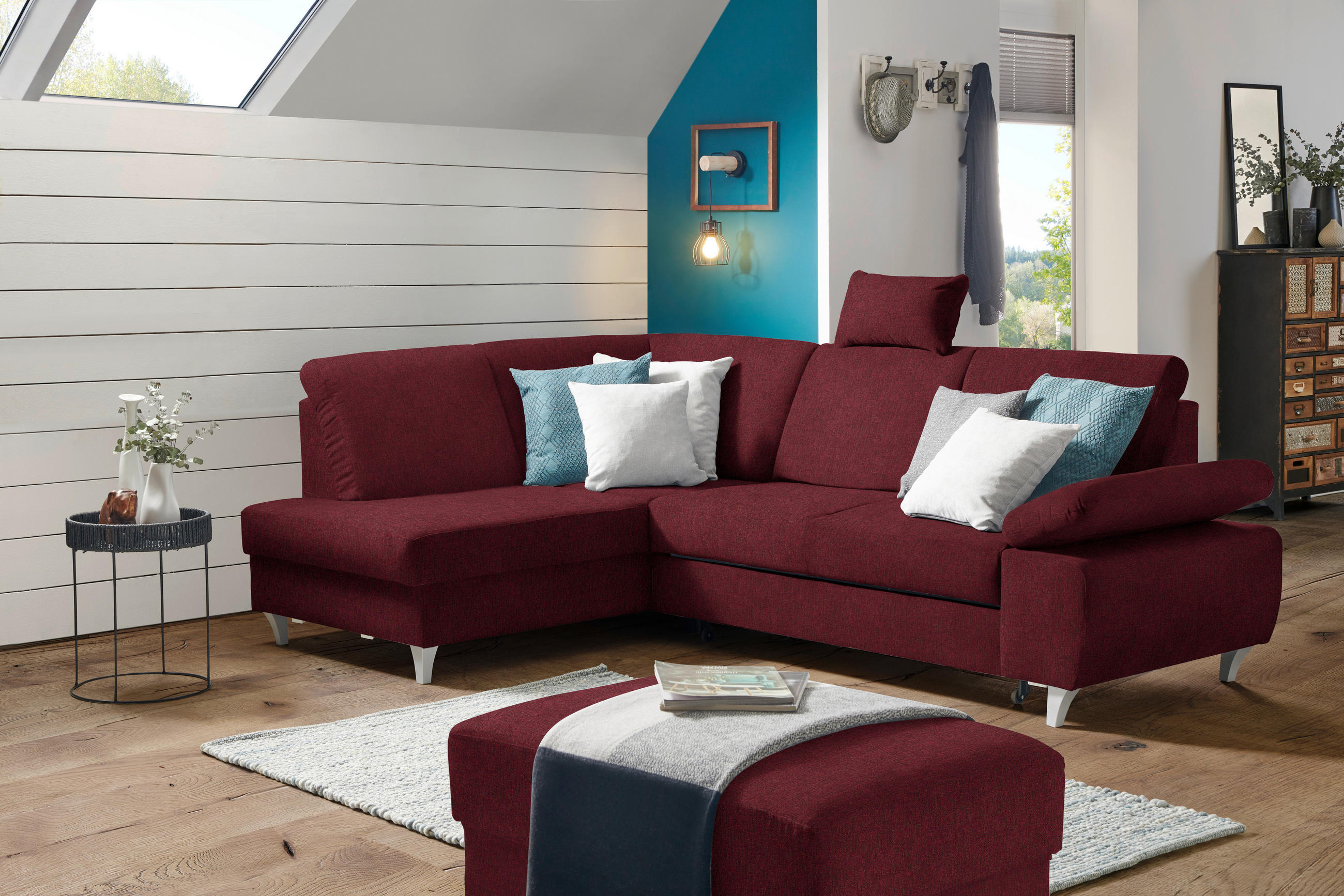 ECKSOFA in Flachgewebe Rot  - Silberfarben/Rot, Konventionell, Holz/Textil (186/255cm) - Cantus