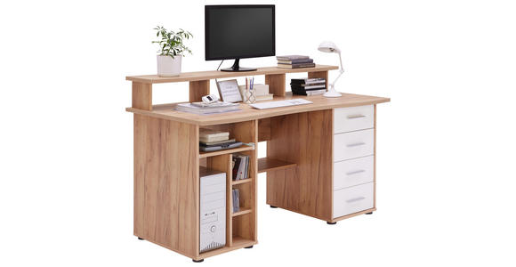 COMPUTERTISCH Eichefarben, Weiß - Eichefarben/Silberfarben, KONVENTIONELL, Kunststoff (150/93/73cm) - Cantus