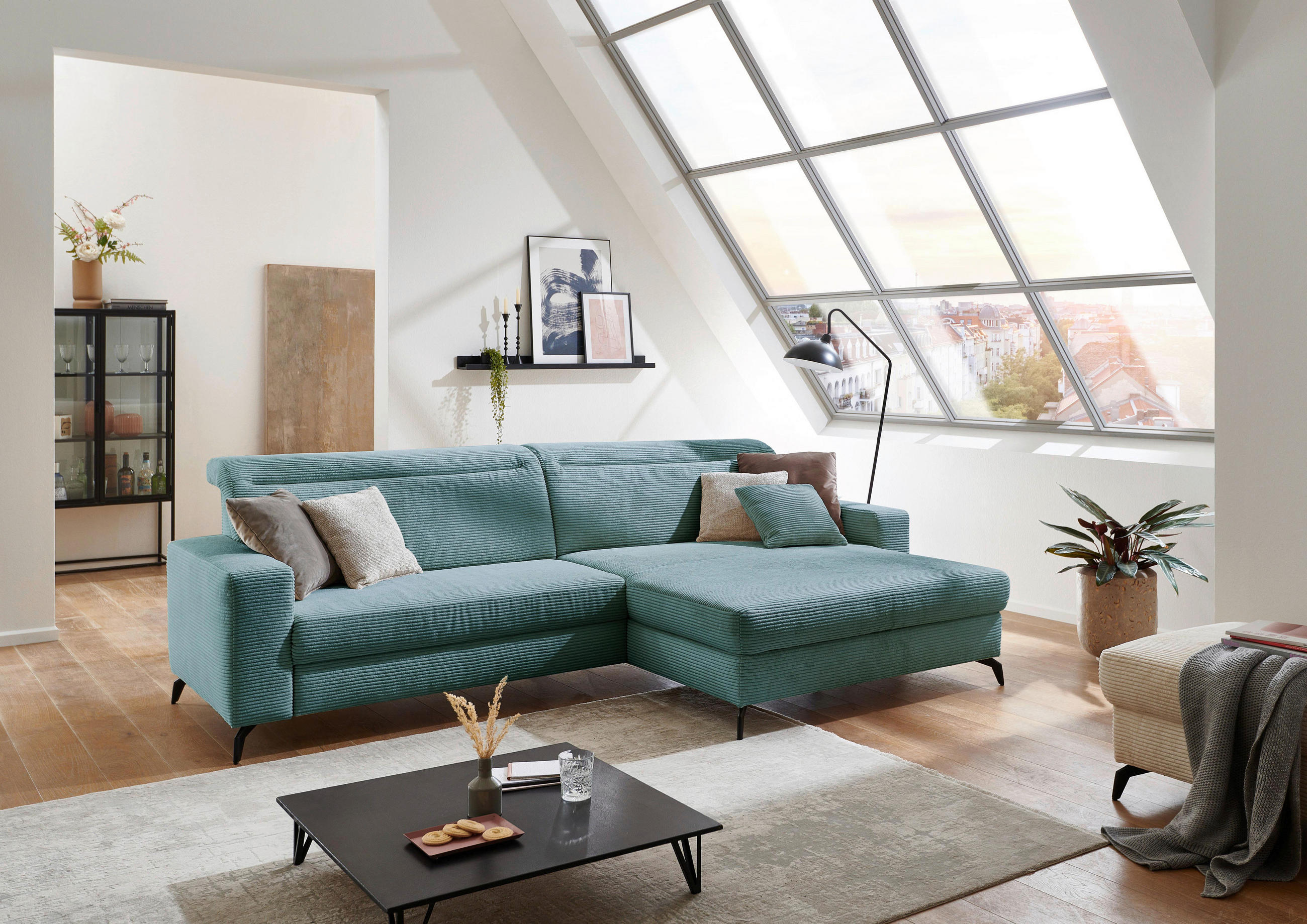 ECKSOFA in Cord Petrol  - Petrol/Schwarz, Konventionell, Textil/Metall (290/178cm) - Sit & More