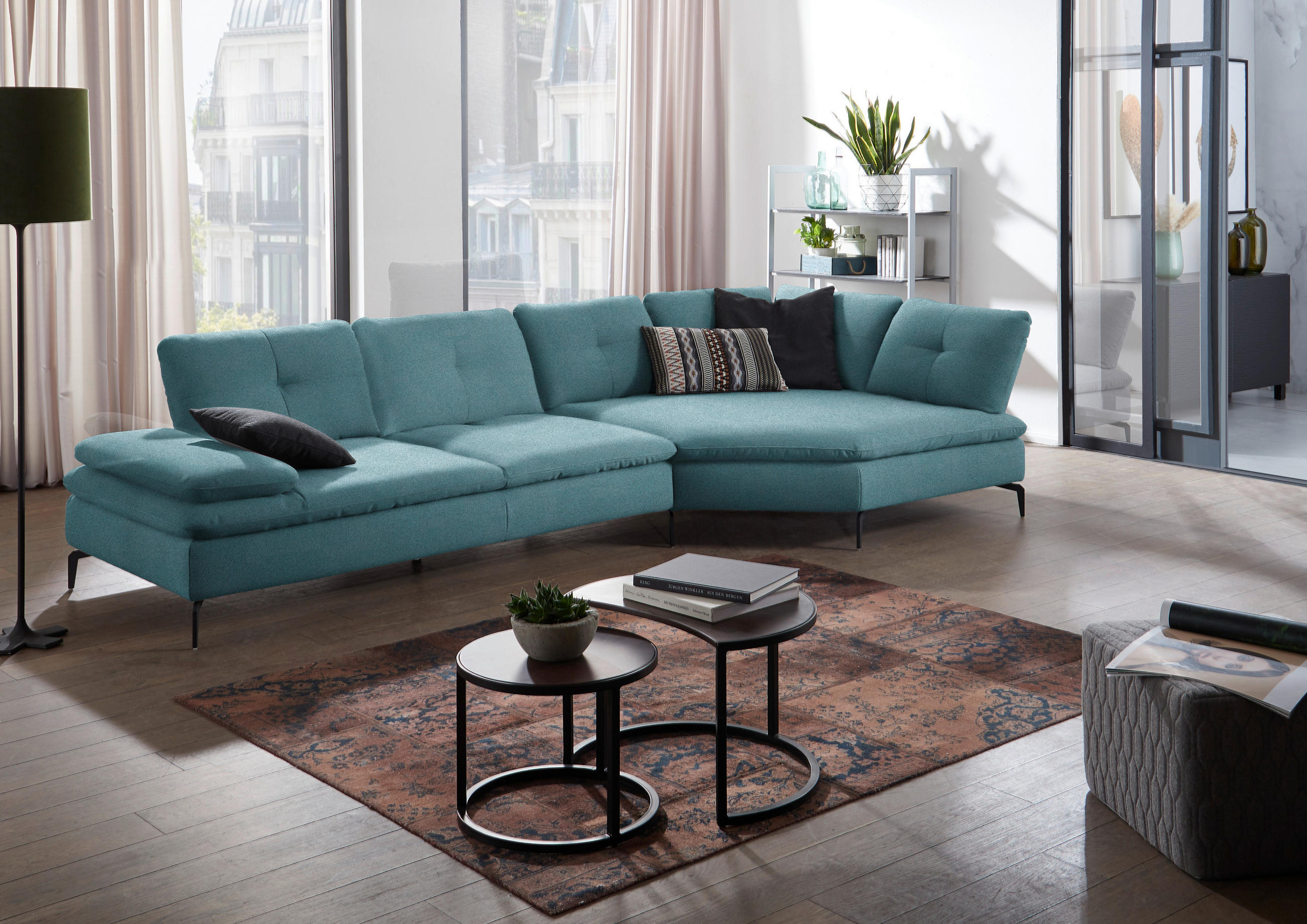 ECKSOFA in Flachgewebe Hellblau  - Schwarz/Hellblau, Design, Textil/Metall (344/157cm) - Chilliano