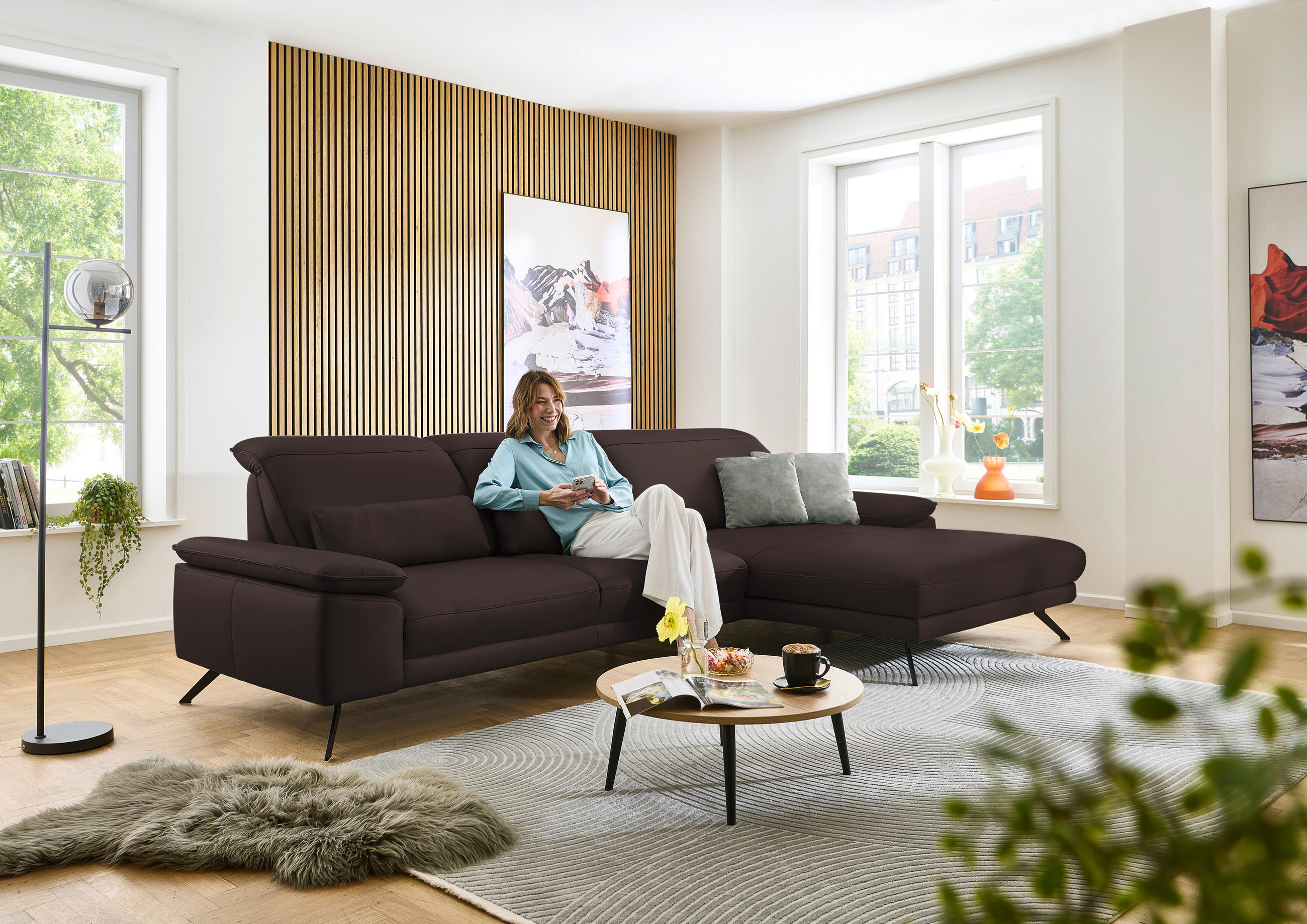 ECKSOFA in Echtleder Braun  - Schwarz/Braun, Design, Leder/Metall (332/193cm) - Dieter Knoll