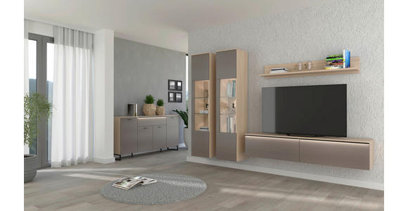 WOHNWAND 4-teilig  in Grau, Eichefarben  284/204/41 cm  - Eichefarben/Schwarz, KONVENTIONELL, Glas/Holzwerkstoff (284/204/41cm) - Carryhome
