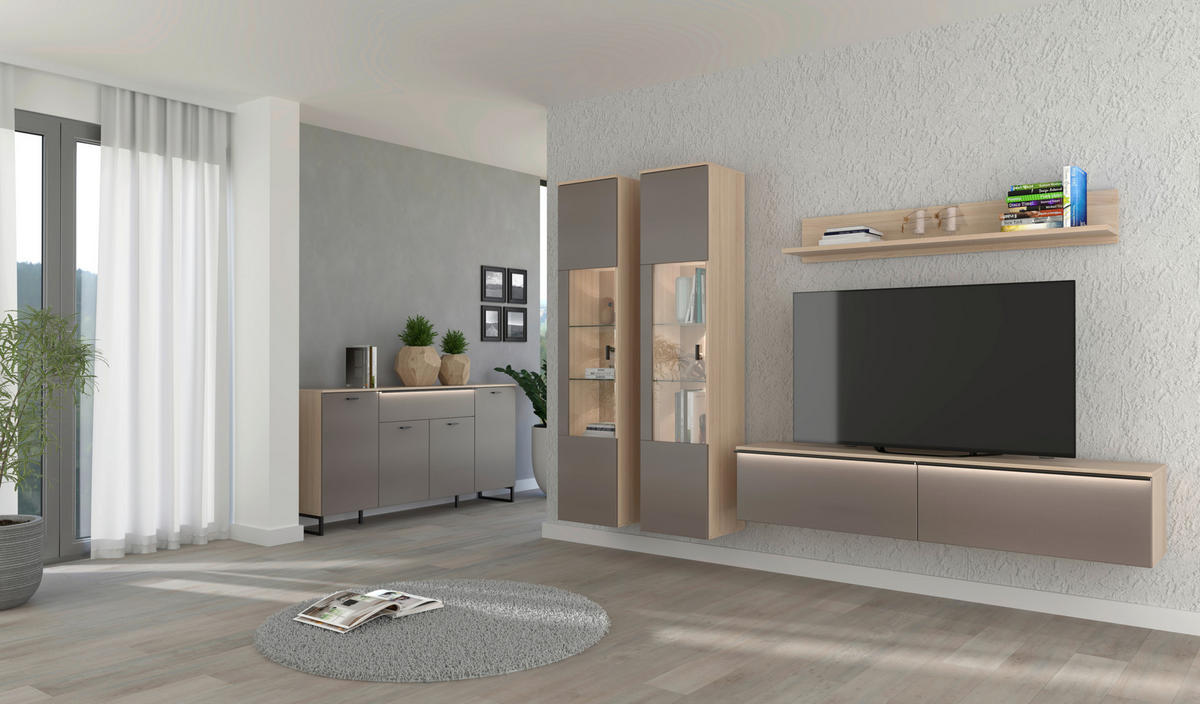 WOHNWAND 4-teilig  in Grau, Eichefarben  284/204/41 cm  - Eichefarben/Schwarz, KONVENTIONELL, Glas/Holzwerkstoff (284/204/41cm) - Carryhome