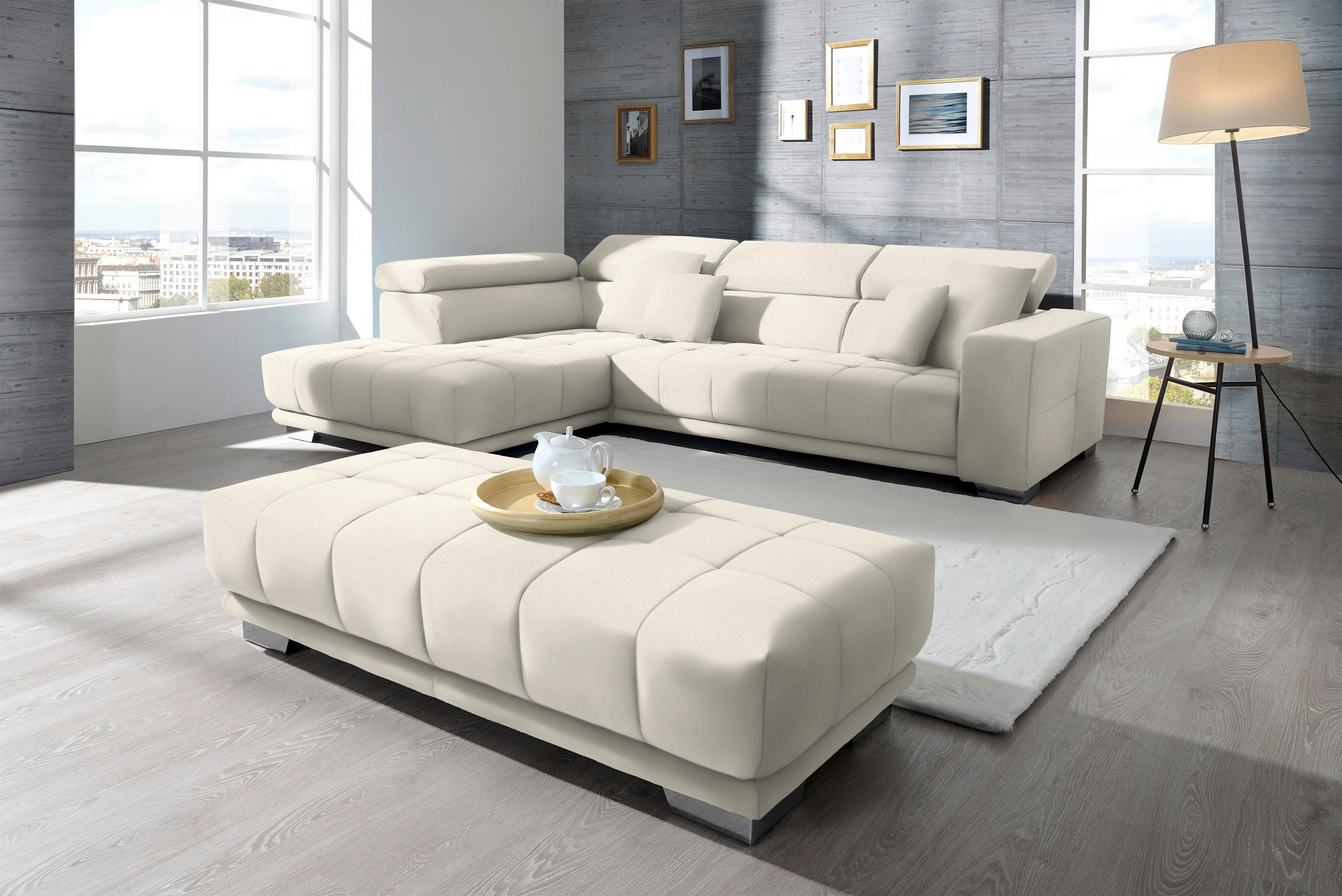 ECKSOFA in Mikrofaser Weiss  - Chromfarben/Weiss, Design, Textil/Metall (207/301cm) - Xora