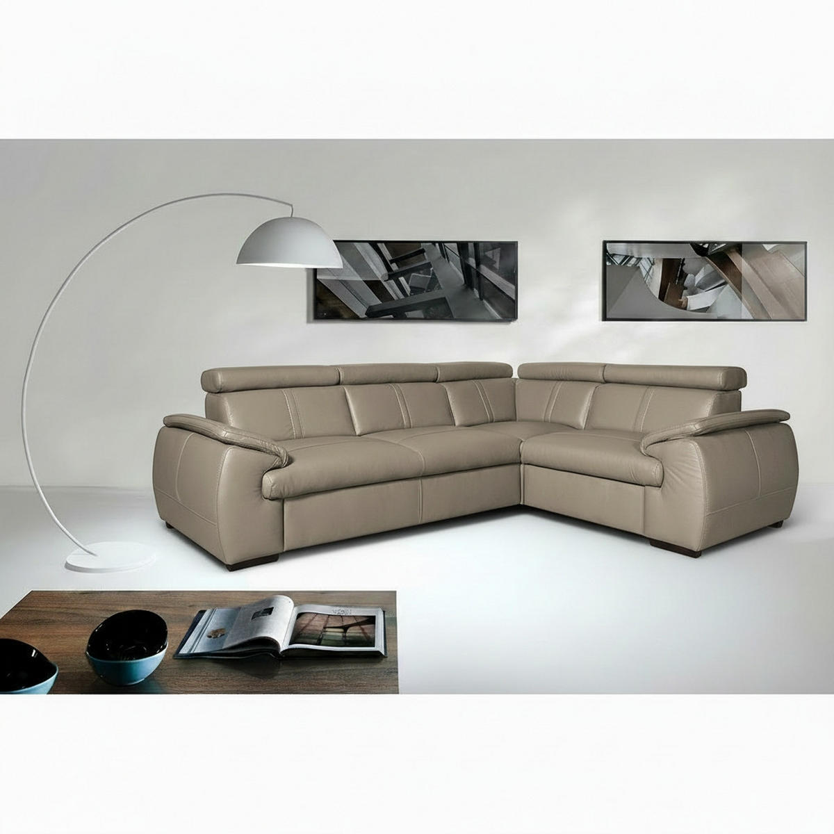 ECKSOFA  in Echtleder Hellgrau  265/193 cm  - Wengefarben/Hellgrau, Design, Leder/Holz (265/193cm) - Livetastic