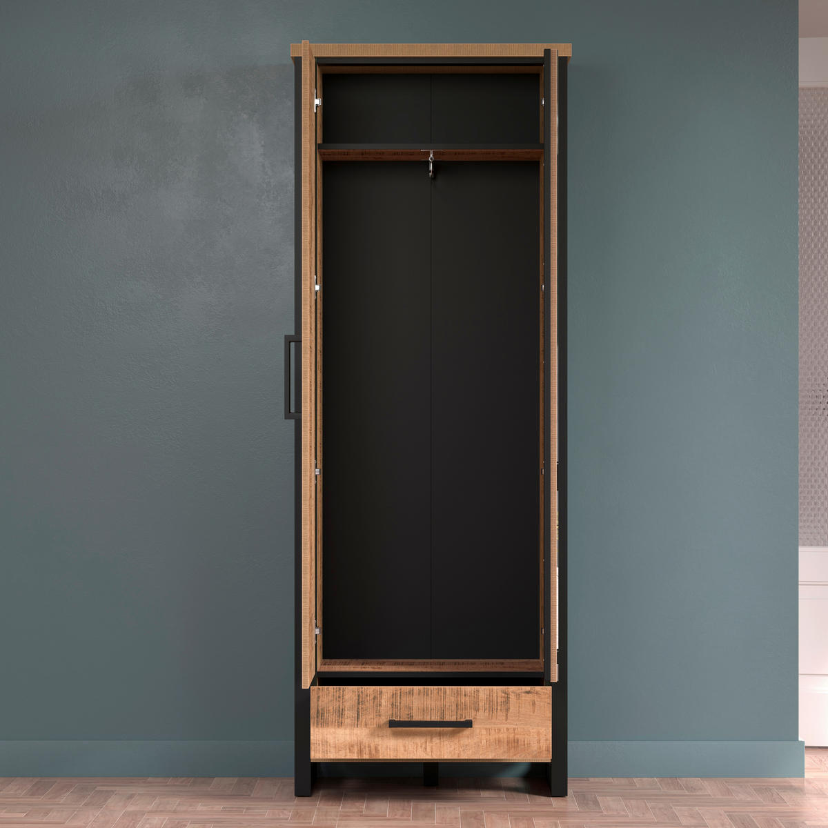 GARDEROBENSCHRANK ENNA GD  in 73/195/39 cm  - Schwarz/Naturfarben, Basics, Glas/Holzwerkstoff (73/195/39cm) - MID.YOU