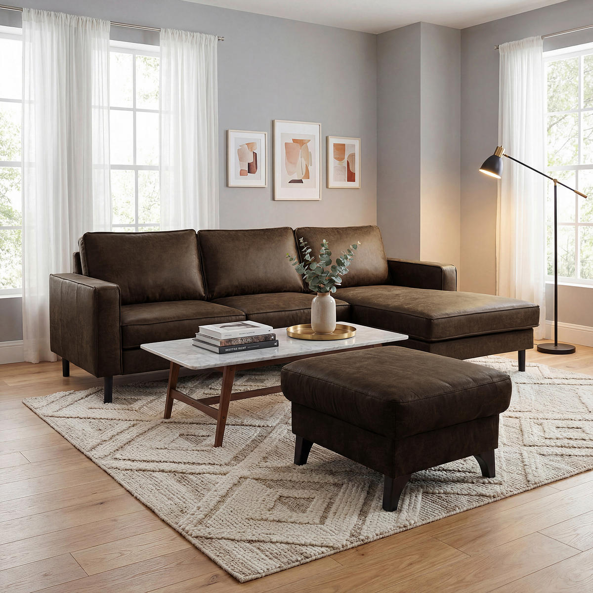 ECKSOFA Dunkelbraun Echtleder Lederlook Rücken echt  - Dunkelbraun/Schwarz, Design, Leder/Textil (166/238cm) - Livetastic