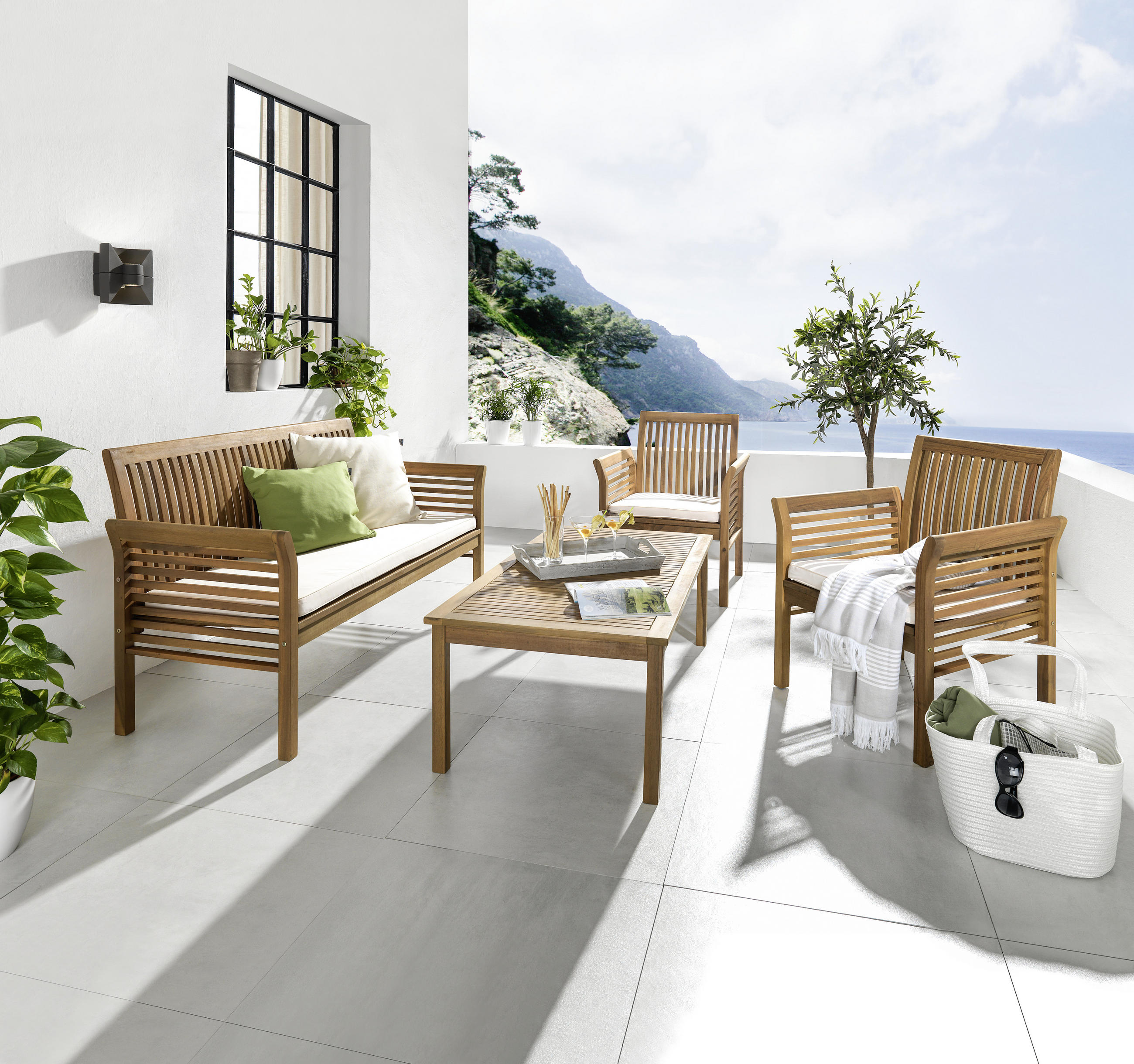 BAŠTENSKI SET 7 delova - prirodna boja/boja tikovine, Romantično / Seoski, drvo/tekstil (62/78/61,5cm) - Ambia Garden