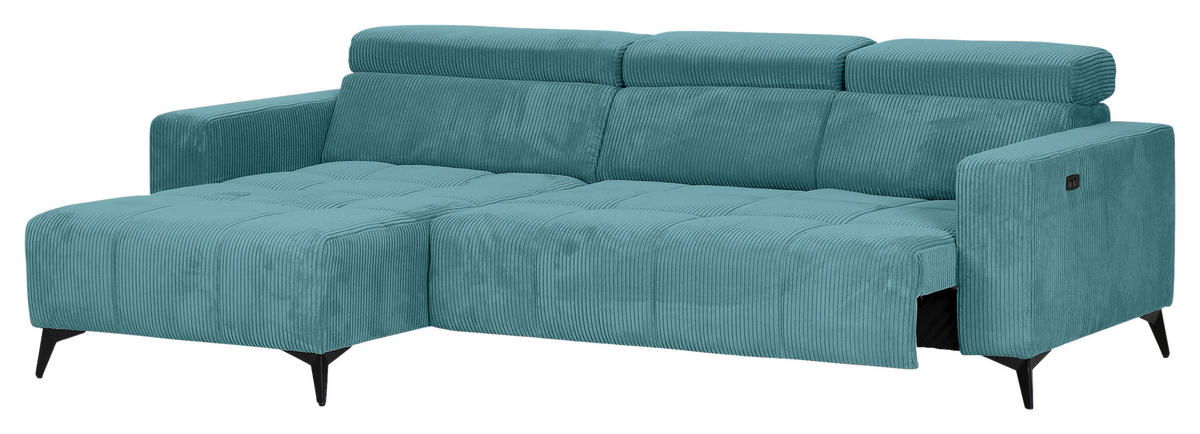 ECKSOFA Petrol Cord Rücken echt, Kopfteilverstellung, Sitzvorzug  - Petrol/Schwarz, KONVENTIONELL, Textil/Metall (170/257cm) - Carryhome