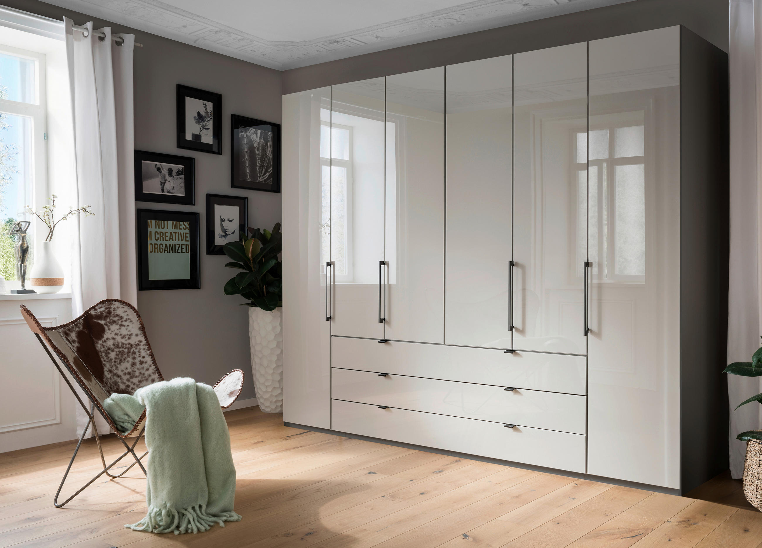 KLEIDERSCHRANK 300/216/58 cm 6-türig Grau  - Schieferfarben/Grau, Design, Glas/Holzwerkstoff (300/216/58cm) - Novel