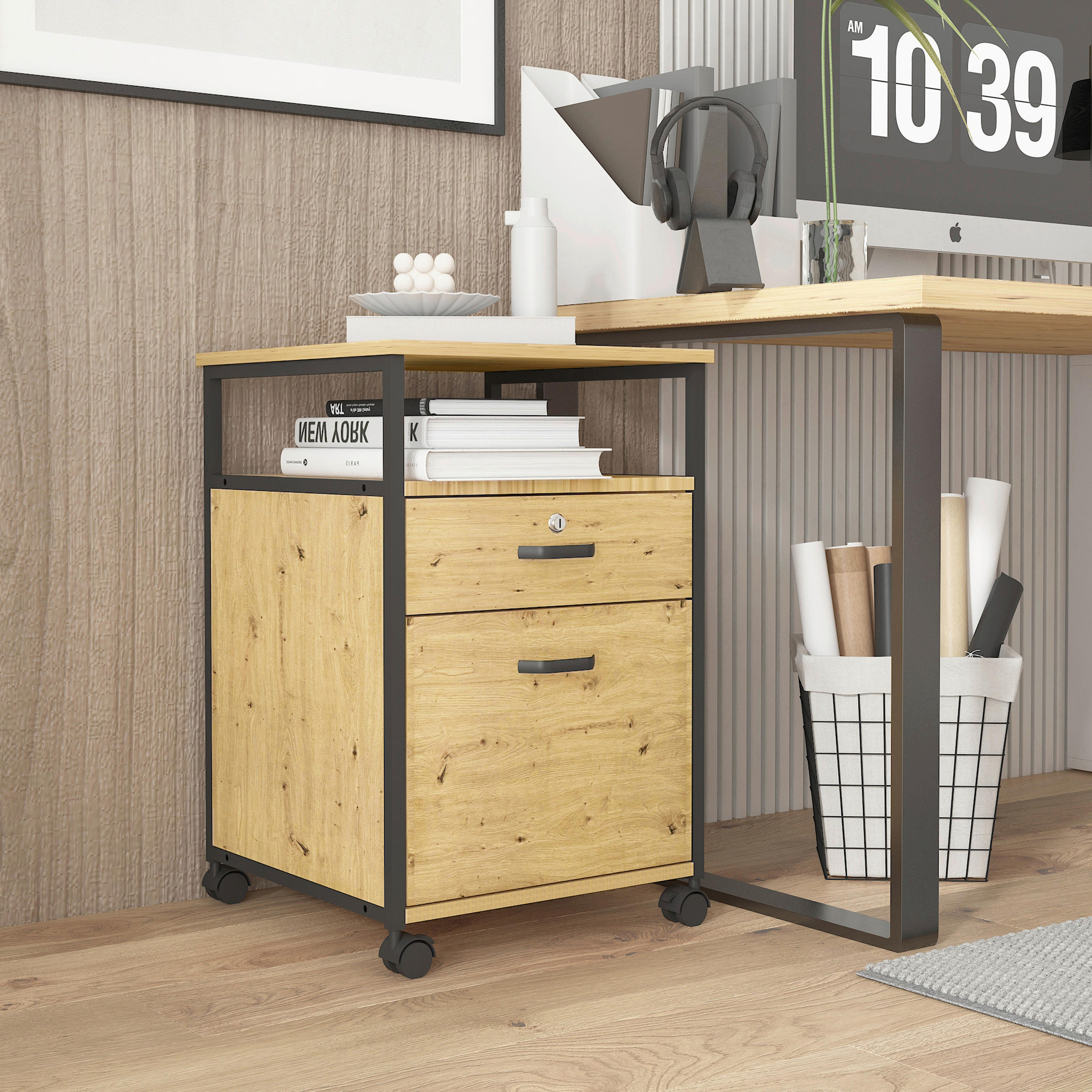 Thumbnail - Carryhome Rollcontainer, Schwarz, Eiche Artisan, Holzwerkstoff, 1 Fächer, 2 Schubladen, 43x66x45 cm, Beimöbel erhältlich...