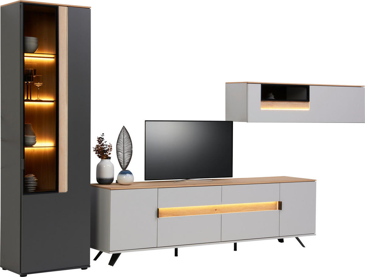 WOHNWAND  in Anthrazit, Eichefarben, Hellgrau 370/214,6/48 cm  - Eichefarben/Anthrazit, Design, Glas/Holz (370/214,6/48cm) - Dieter Knoll