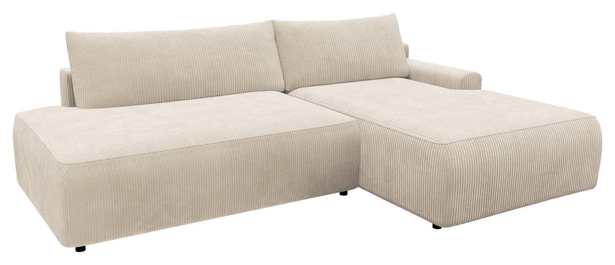 ECKSCHLAFSOFA  mit Schlafen auf Sitzhöhe, Rücken echt, Armteil rechts Cord Creme  - Creme/Schwarz, MODERN, Kunststoff/Textil (253/167cm) - Trendmanufaktur