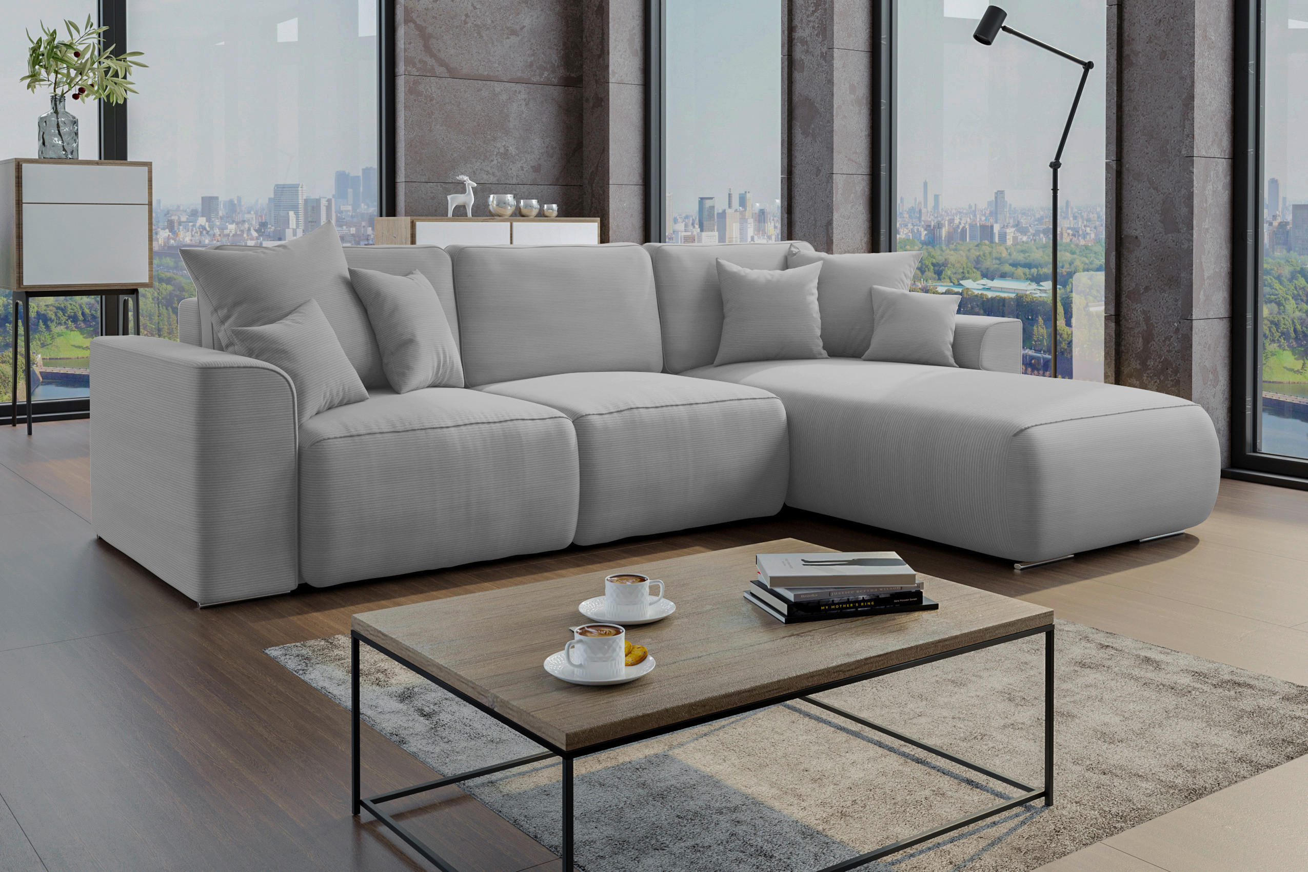 ECKSOFA in Cord Grau  - Chromfarben/Grau, Konventionell, Kunststoff/Textil (293/195cm) - MID.YOU