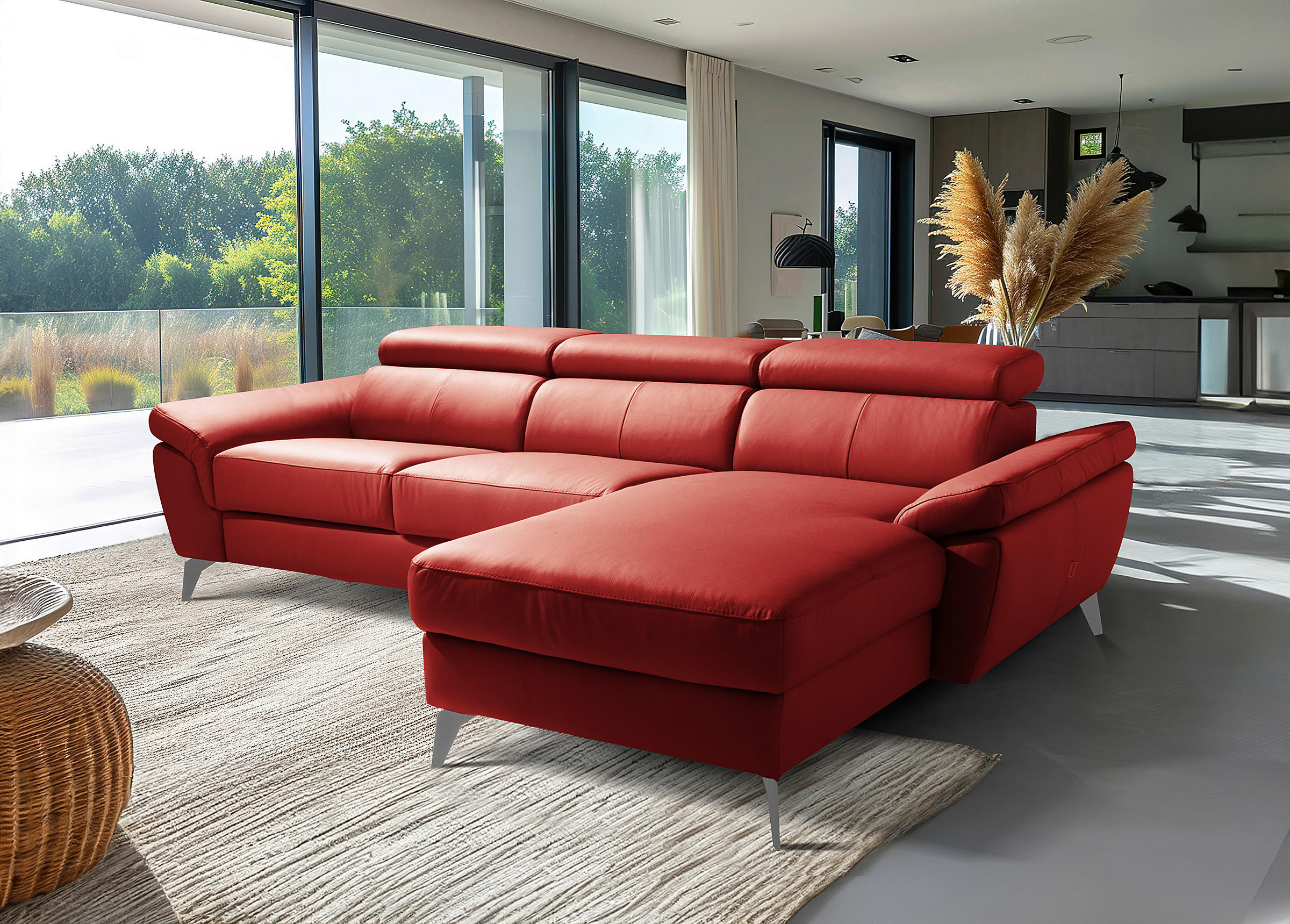 ECKSOFA Rot Echtleder Lederlook Bettkasten, Schlaffunktion, Rücken echt, Armteilverstellung, Kopfteilverstellung  - Chromfarben/Rot, Design, Leder/Textil (252/179cm) - Livetastic