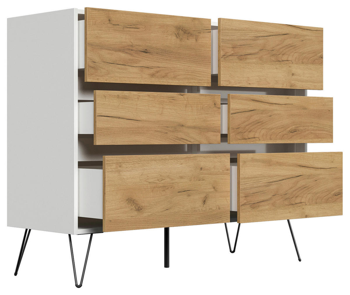 SIDEBOARD Posseik Industrial 120/93,6/42 cm 6 Schublade(n)  - Eichefarben/Weiß Hochglanz, Design, Holzwerkstoff/Metall (120/93,6/42cm) - P & B