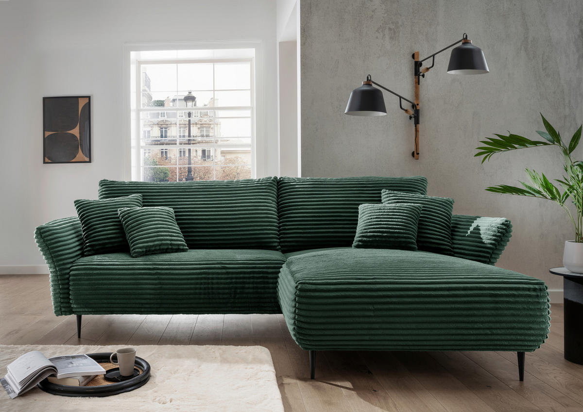 ECKSOFA Dunkelgrün Cord  - Dunkelgrün/Schwarz, Design, Textil/Metall (178/264-302cm) - Livetastic