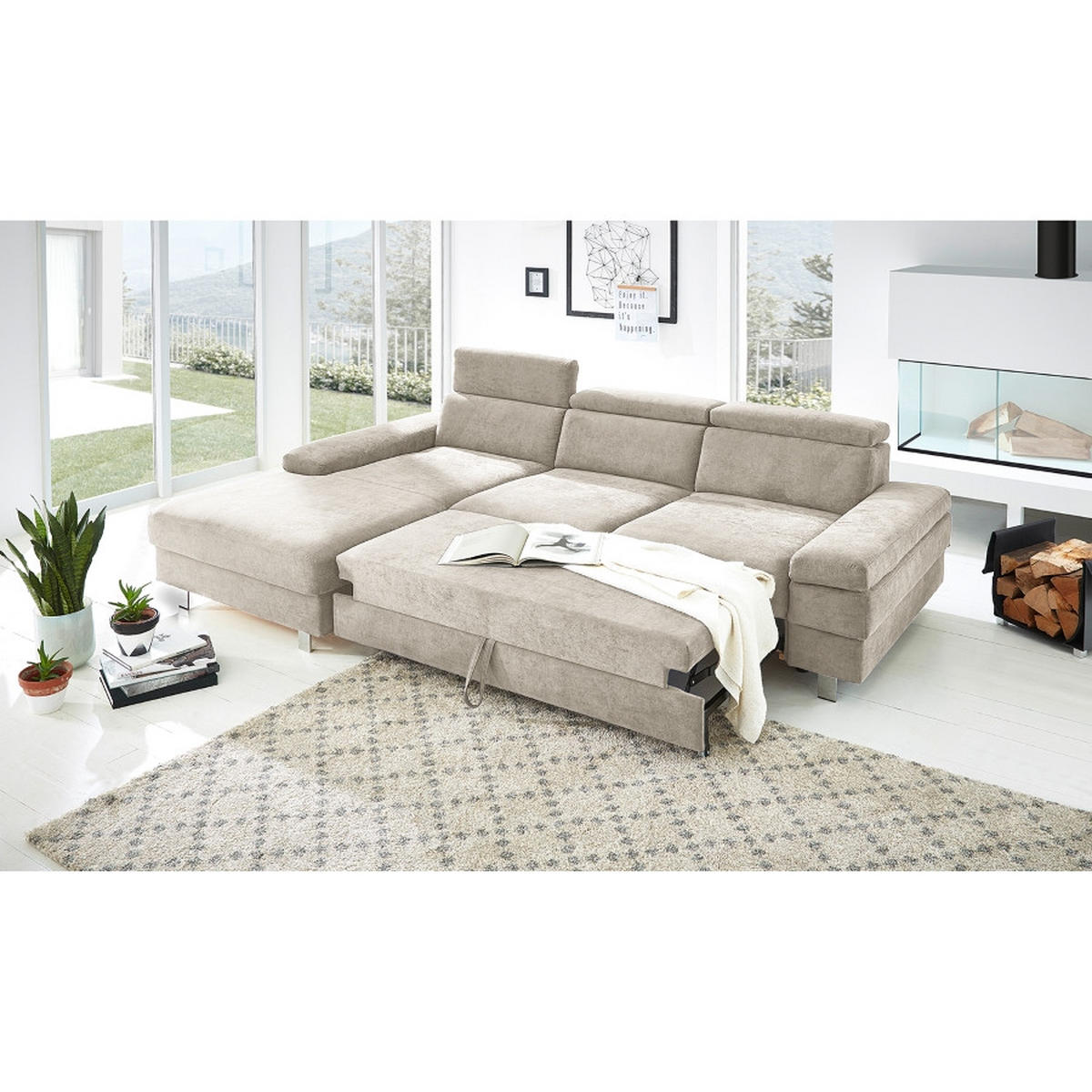 ECKSOFA in Webstoff Greige  - Greige/Silberfarben, KONVENTIONELL, Textil/Metall (260/82/182cm) - Trendmanufaktur