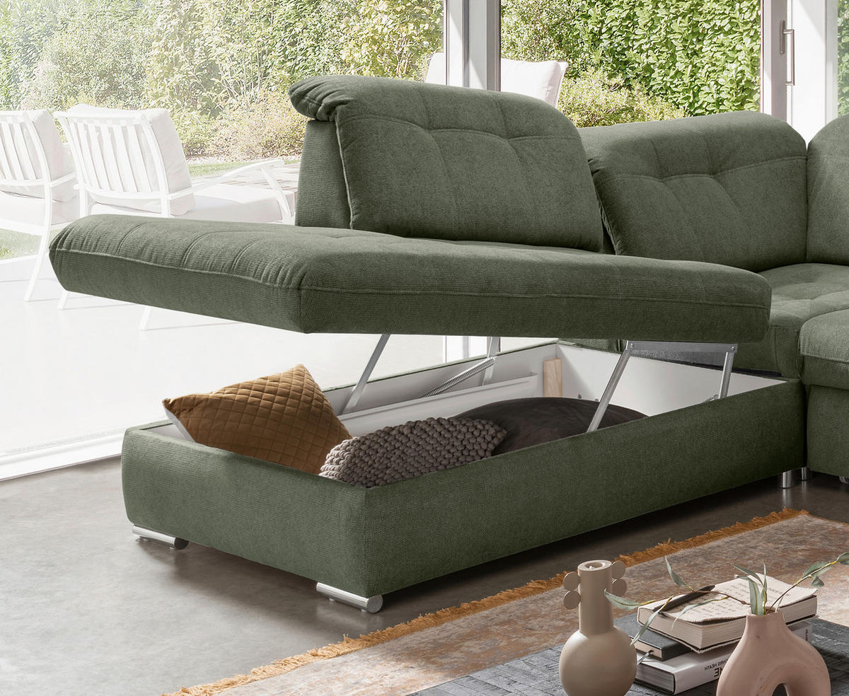 ECKSOFA Flachgewebe Dunkelgrün  - Chromfarben/Dunkelgrün, Modern, Textil/Metall (254/308cm) - Livetastic