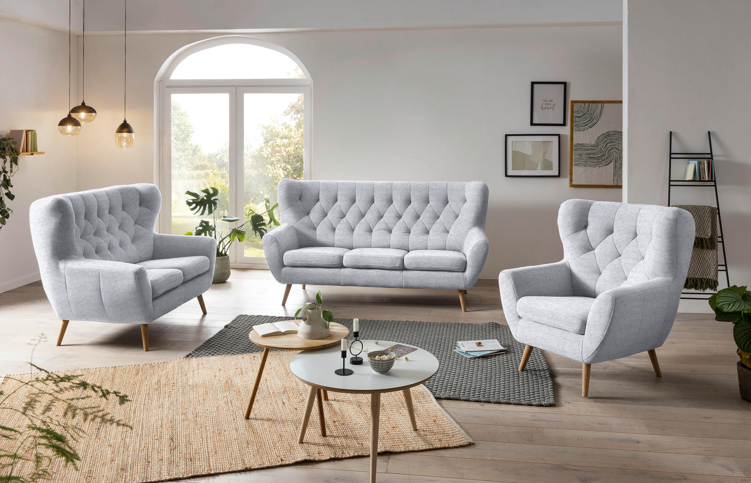 OHRENSESSEL in Flachgewebe Hellgrau  - Eichefarben/Hellgrau, Design, Holz/Textil (87/101/95cm) - Stylife