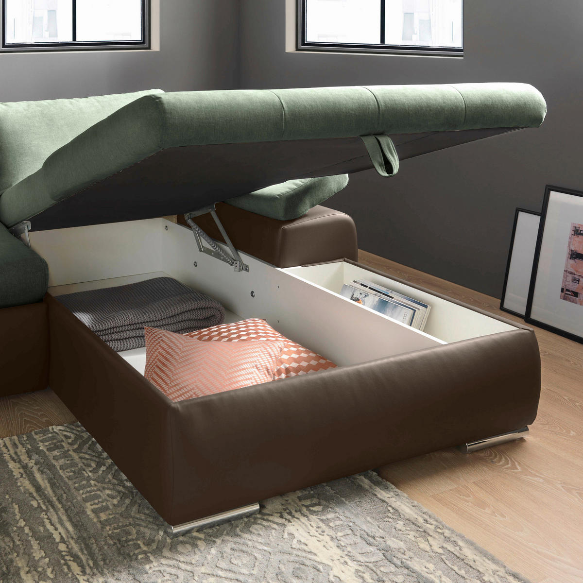 ECKSOFA Braun, Olivgrün Flachgewebe  - Braun/Olivgrün, Design, Kunststoff/Textil (271/175cm) - MID.YOU