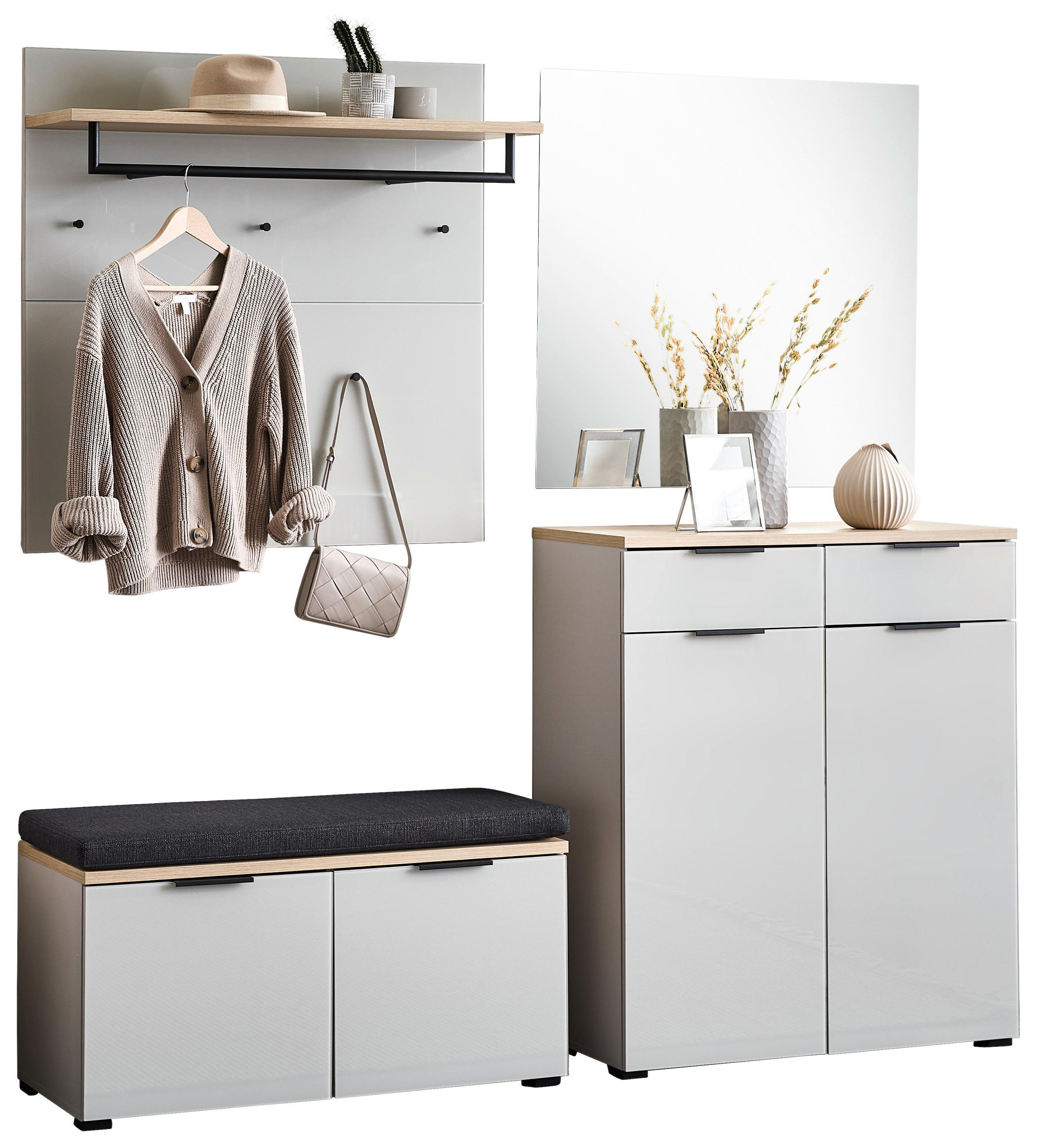 GARDEROBE 5-teilig  in 200/197/40 cm  - Kaschmir/Eichefarben, Design, Glas/Holzwerkstoff (200/197/40cm) - Voleo