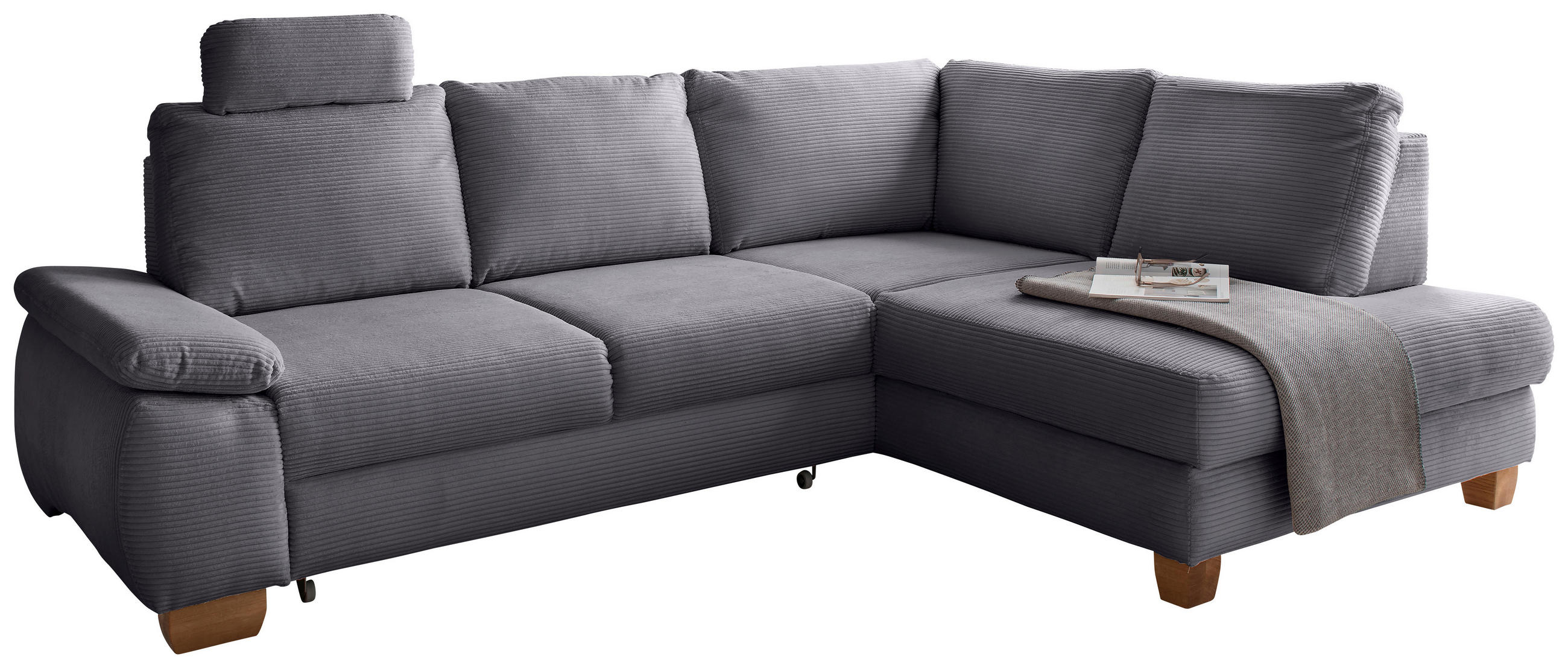 ECKSCHLAFSOFA Cord Dunkelgrau  inkl. Bettkasten, Schlaffunktion, Armteilverstellung, Sitztiefenverstellung, Liegefläche im Originalstoff, Kopfstütze  - Wildeiche/Dunkelgrau, MODERN, Holz/Textil (261/206cm) - Livetastic