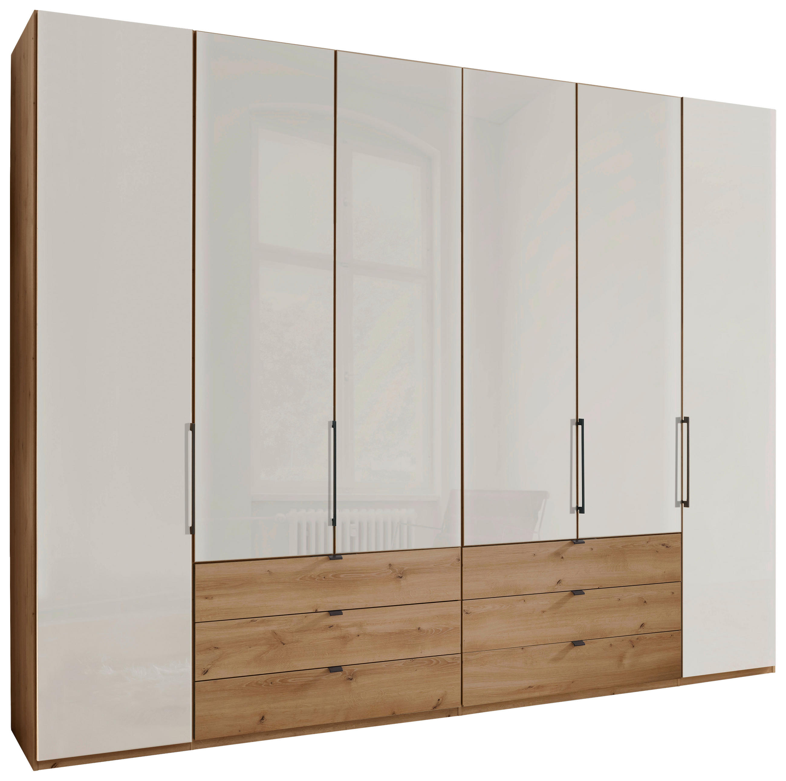 FALTTÜRENSCHRANK 300/236/58 cm 4-türig Champagner, Eiche Bianco  - Schieferfarben/Eiche Bianco, KONVENTIONELL, Glas/Holzwerkstoff (300/236/58cm) - Dieter Knoll