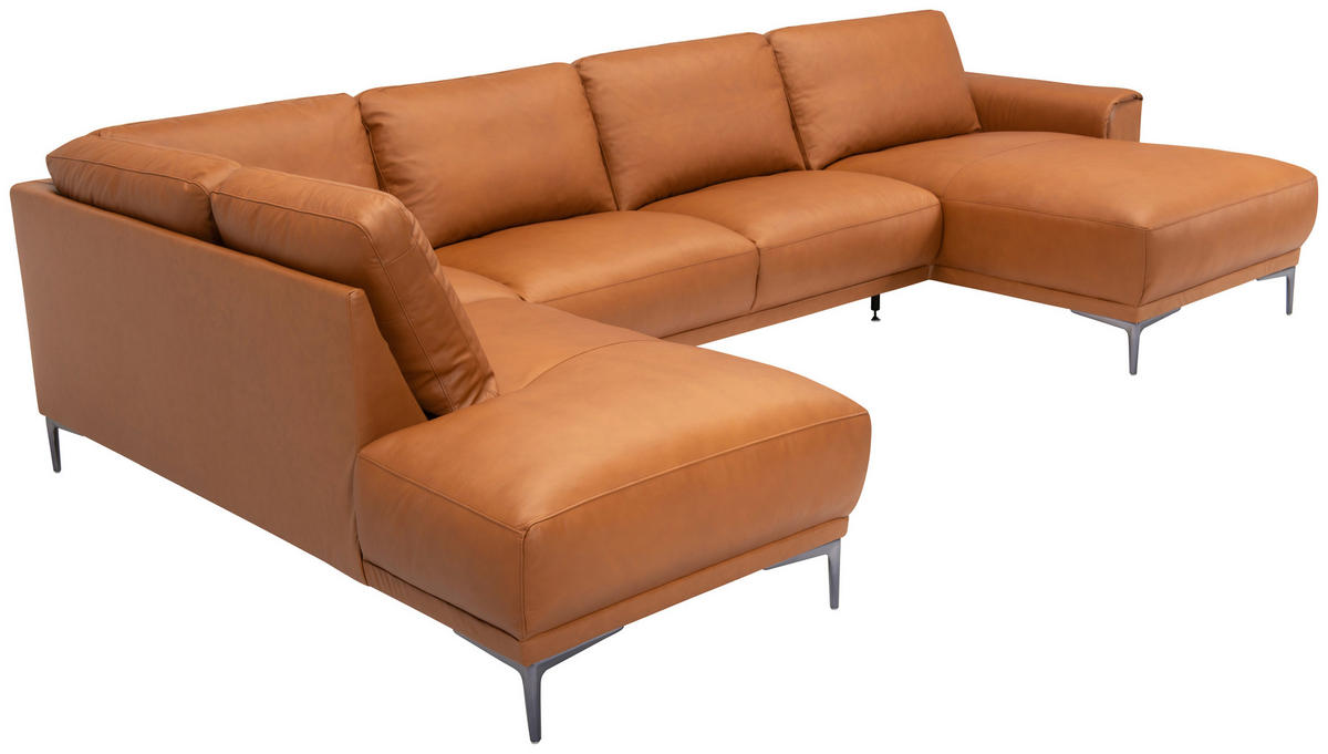 SOFFA i brun  - kromfärg/brun, Modern, metall/läder (385/88/163/210cm) - Welnova