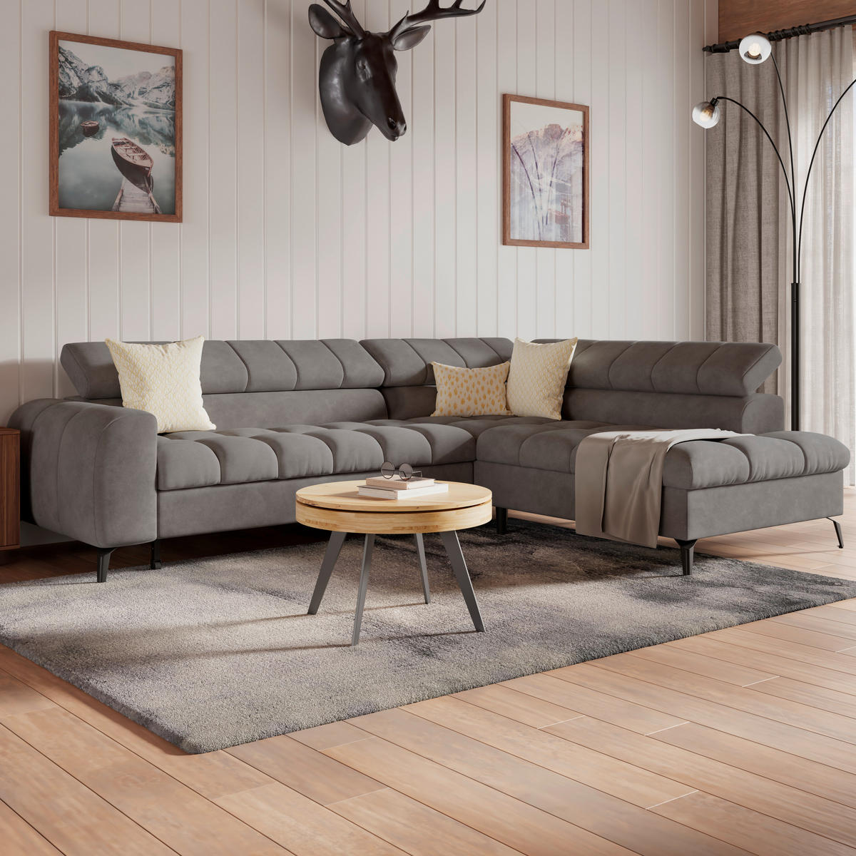 ECKSOFA Dunkelgrau Bettkasten, Rücken echt, Kopfteilverstellung  - Dunkelgrau/Schwarz, Trend, Kunststoff/Textil (261/203cm) - Livetastic